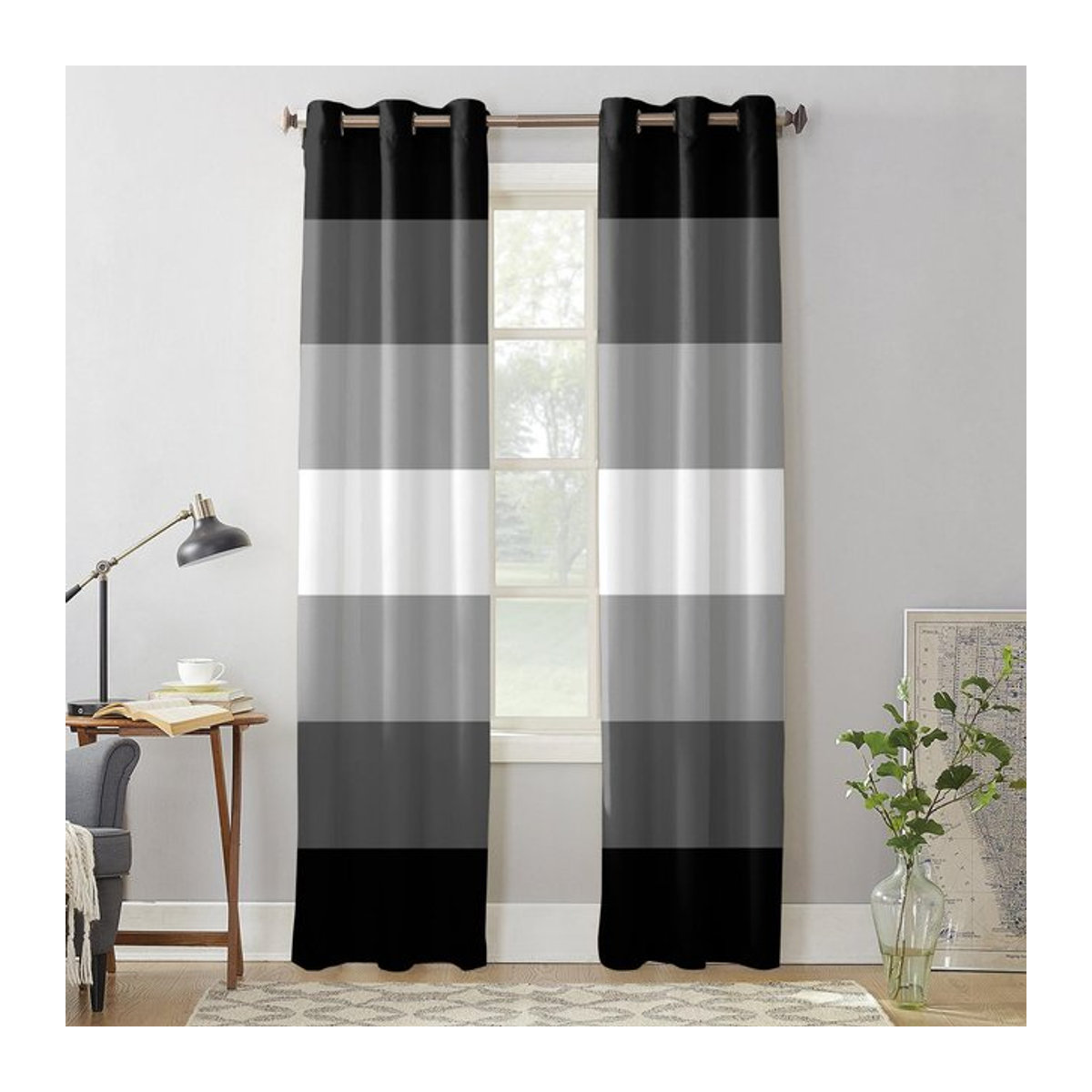Moderne Super Six Fenstervorhänge mit Farbverlauf und Streifen in Schwarz-Weiß, Breite: 135 cm, Höhe: 60 cm - Bild 1
