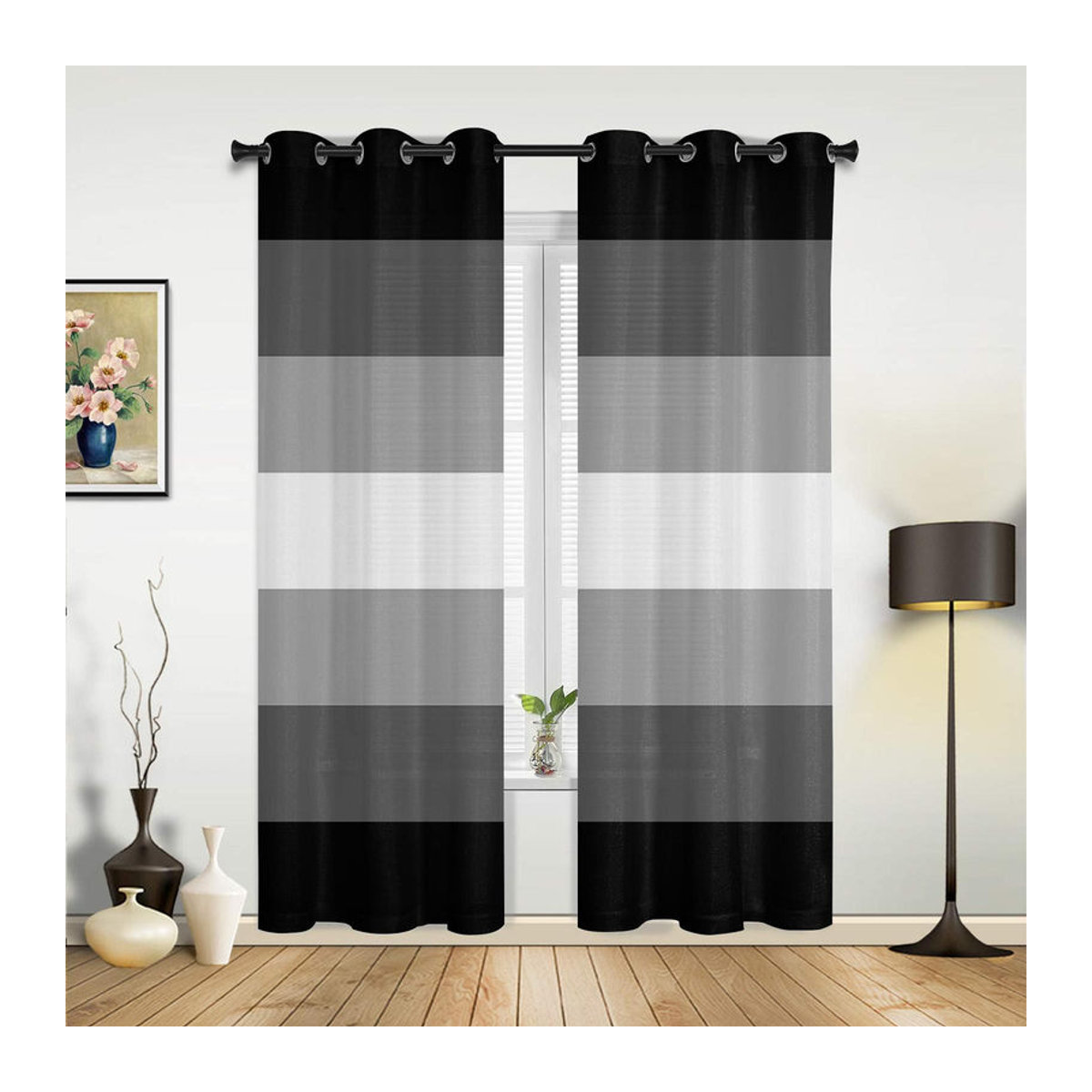 Moderne Super Six Fenstervorhänge mit Farbverlauf und Streifen in Schwarz-Weiß, Breite: 135 cm, Höhe: 60 cm - Bild 2