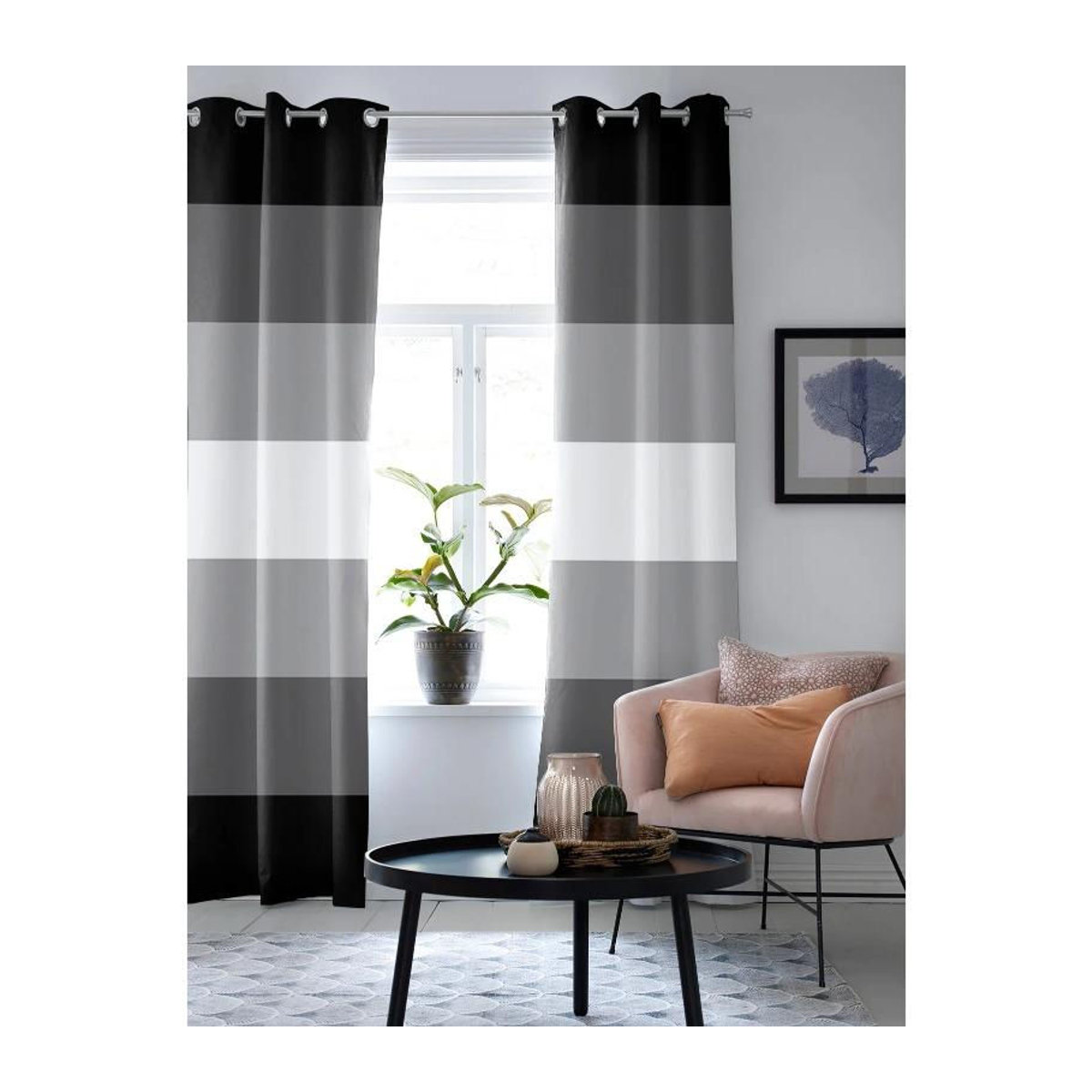 Moderne Super Six Fenstervorhänge mit Farbverlauf und Streifen in Schwarz-Weiß, Breite: 135 cm, Höhe: 60 cm - Bild 3