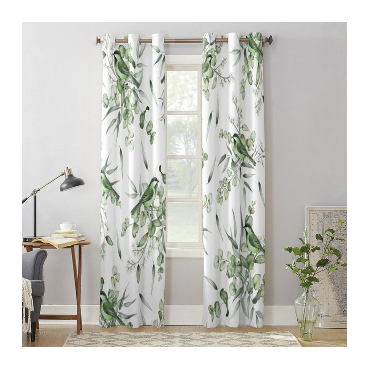 Moderne Super Six Fenstervorhänge mit sommergrünem Blatt-Aquarell-Design in Grün und Weiß, transparent, B: 135 cm, H: 215 cm - Bild 1