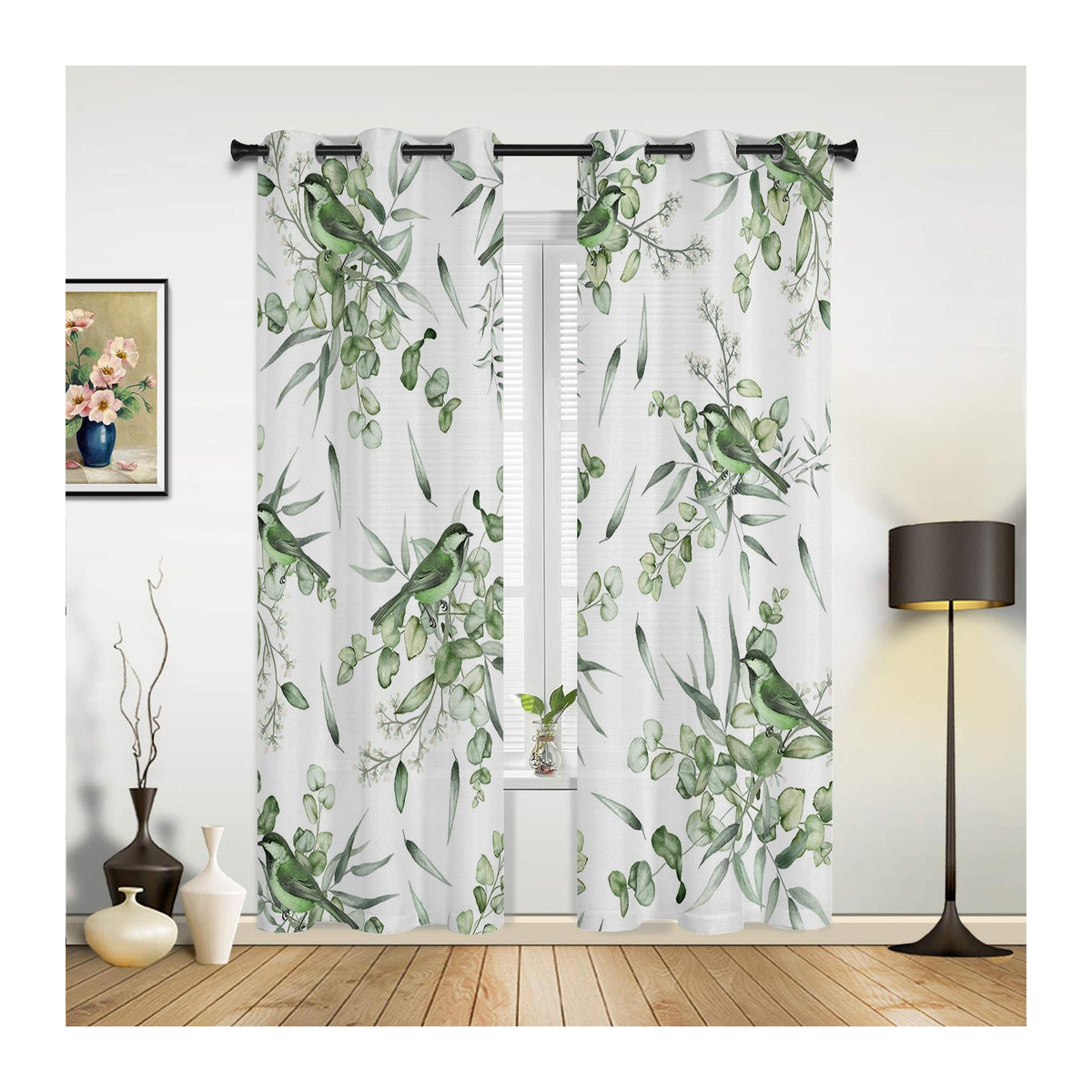 Moderne Super Six Fenstervorhänge mit sommergrünem Blatt-Aquarell-Design in Grün und Weiß, transparent, B: 135 cm, H: 215 cm - Bild 2
