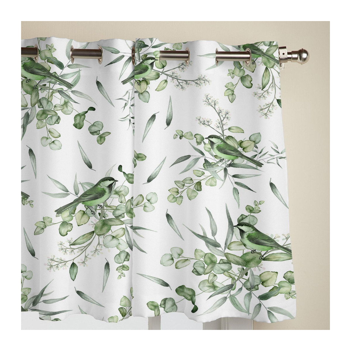 Moderne Super Six Fenstervorhänge mit sommergrünem Blatt-Aquarell-Design in Grün und Weiß, transparent, B: 135 cm, H: 215 cm - Bild 3