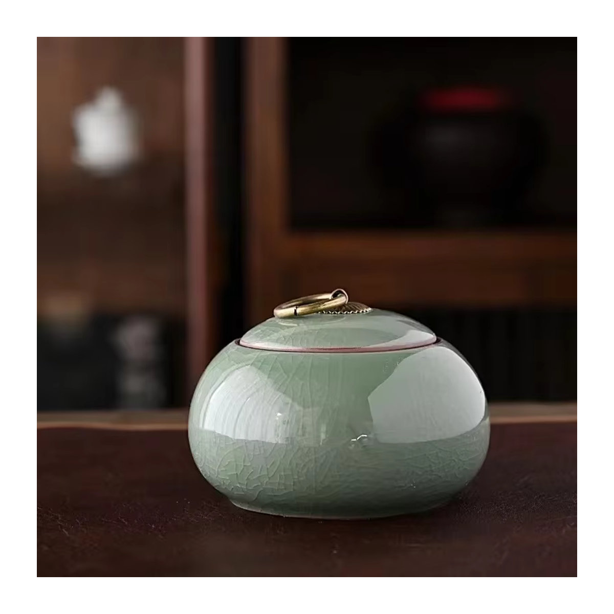Moderne Teebox aus Keramik in Grün, runde Tee-Aufbewahrungsbox für Pu-Erh-Tee, B/T/H: 10,5 x 7,5 x 7,5 cm - Bild 2