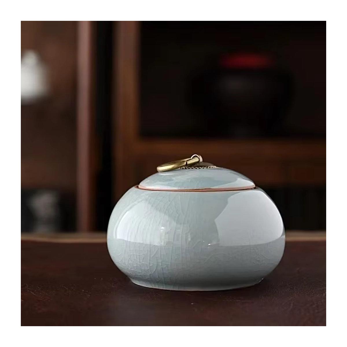 Moderne Teebox aus Keramik in Grün, runde Tee-Aufbewahrungsbox für Pu-Erh-Tee, B/T/H: 10,5 x 7,5 x 7,5 cm - Bild 3