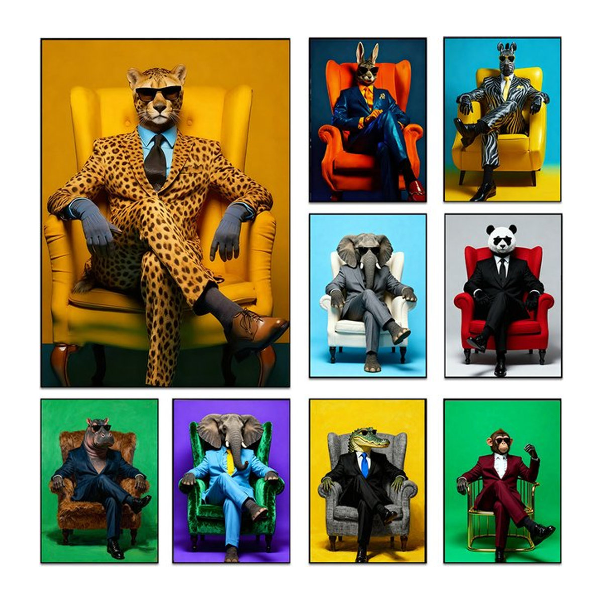 Moderne Tier-Wandkunst im Anzug: Elegante Poster-Drucke mit Löwe, Panda, Tiger, Leopard, Gorilla und Elefant als Diamantmalerei-Dekor auf Papier - Bild 1