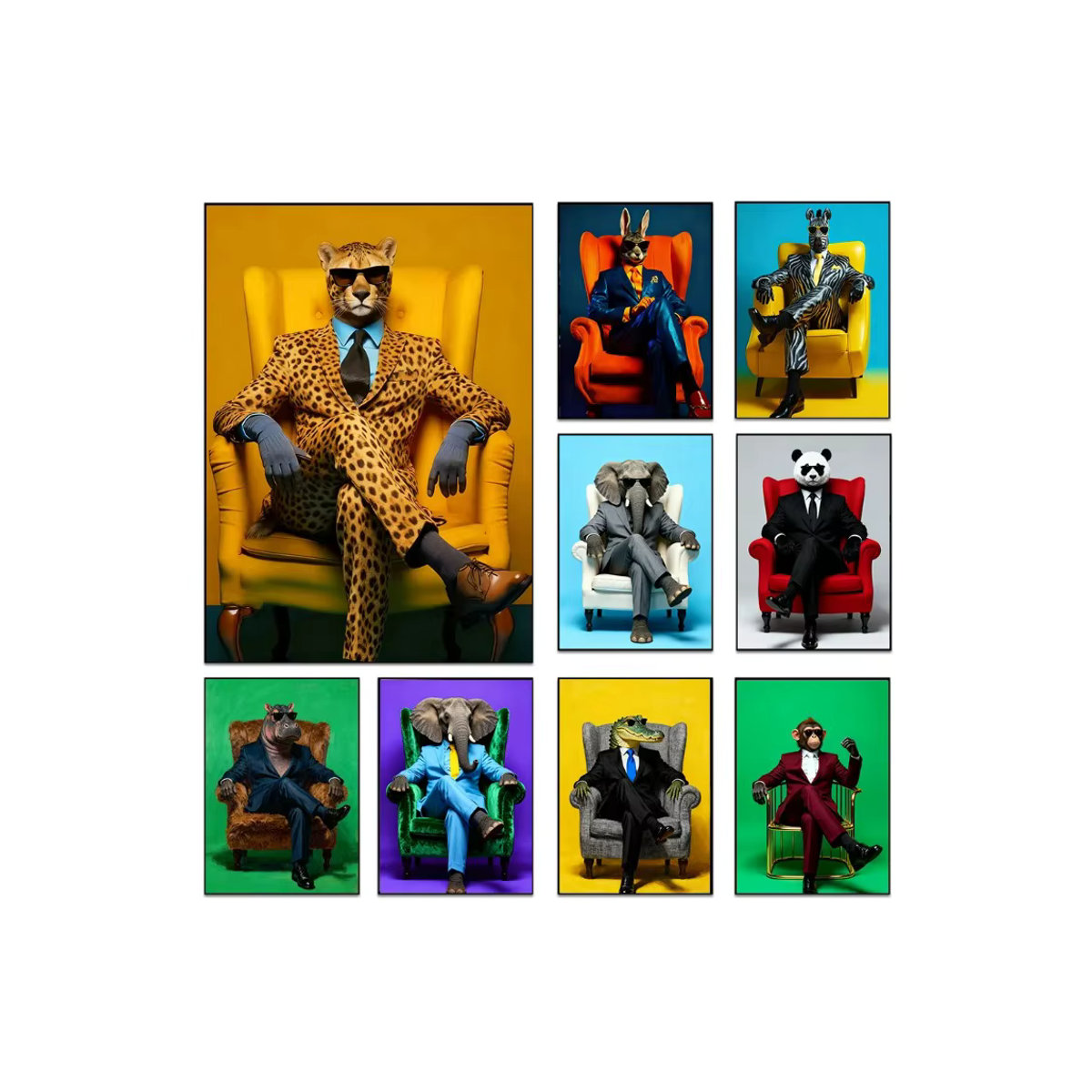 Moderne Tier-Wandkunst im Anzug: Elegante Poster-Drucke mit Löwe, Panda, Tiger, Leopard, Gorilla und Elefant als Diamantmalerei-Dekor auf Papier - Bild 2
