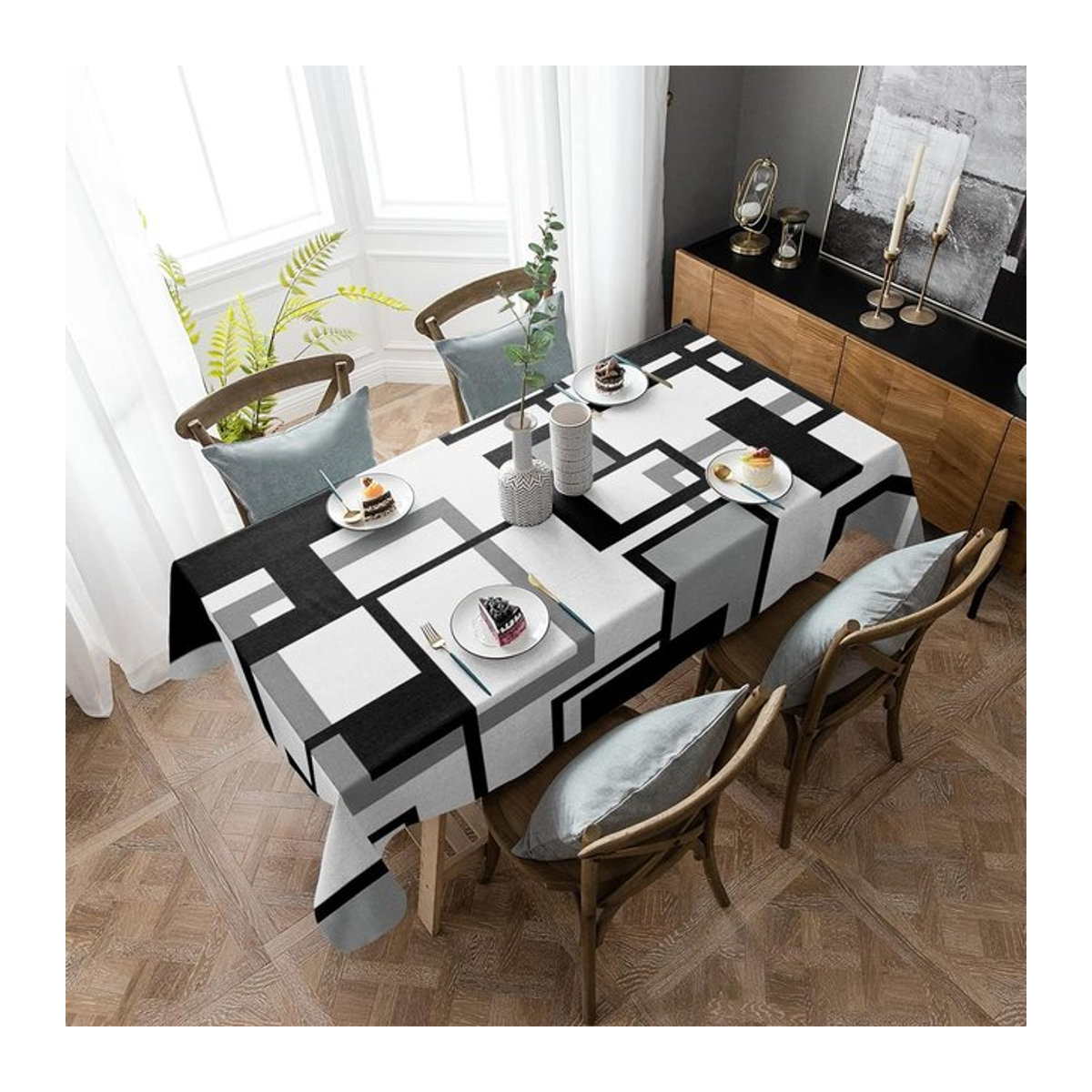 Moderne Tischdecke mit geometrischen Farbblöcken in Schwarz und Grau für deinen Küchentisch - Bild 1
