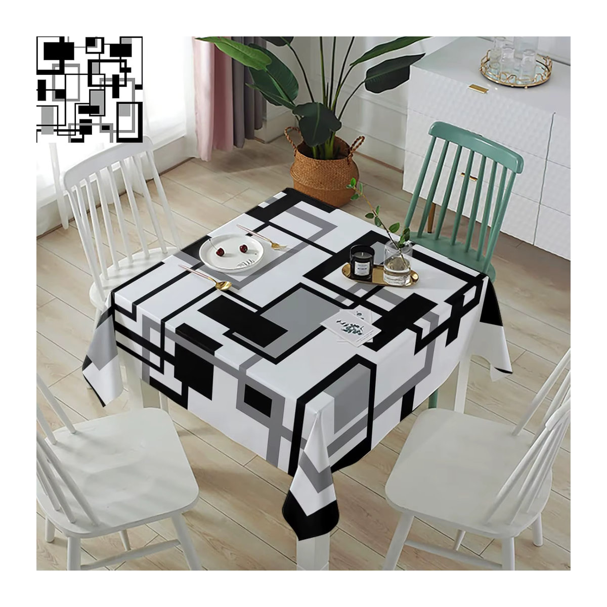 Moderne Tischdecke mit geometrischen Farbblöcken in Schwarz und Grau für deinen Küchentisch - Bild 3