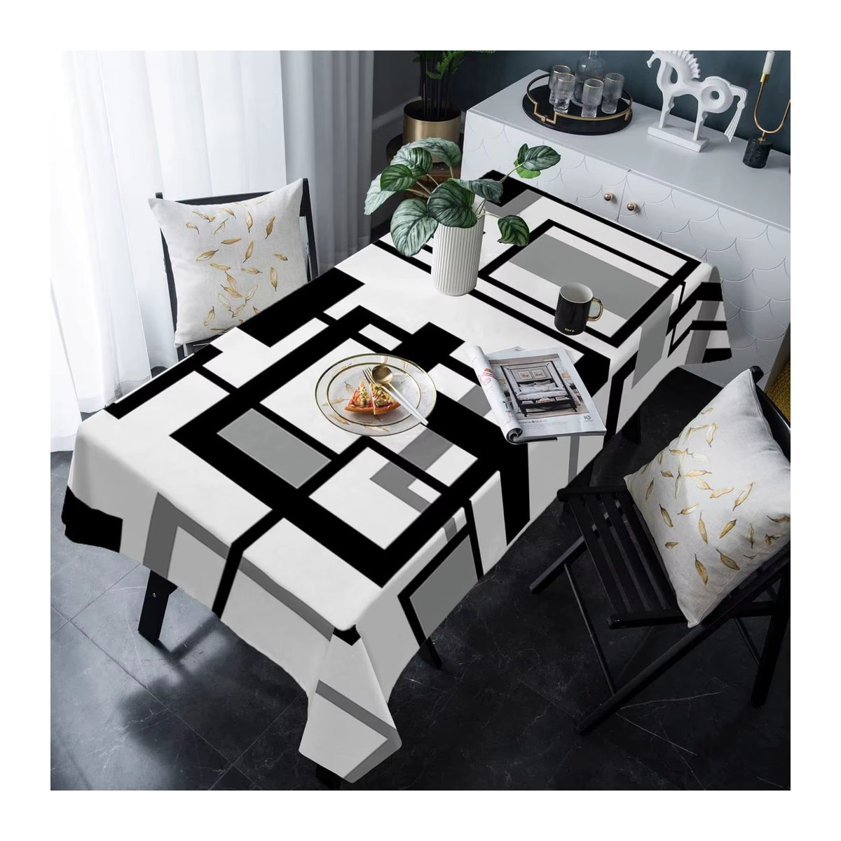 Moderne Tischdecke mit geometrischen Farbblöcken in Schwarz und Grau für deinen Küchentisch - Bild 5