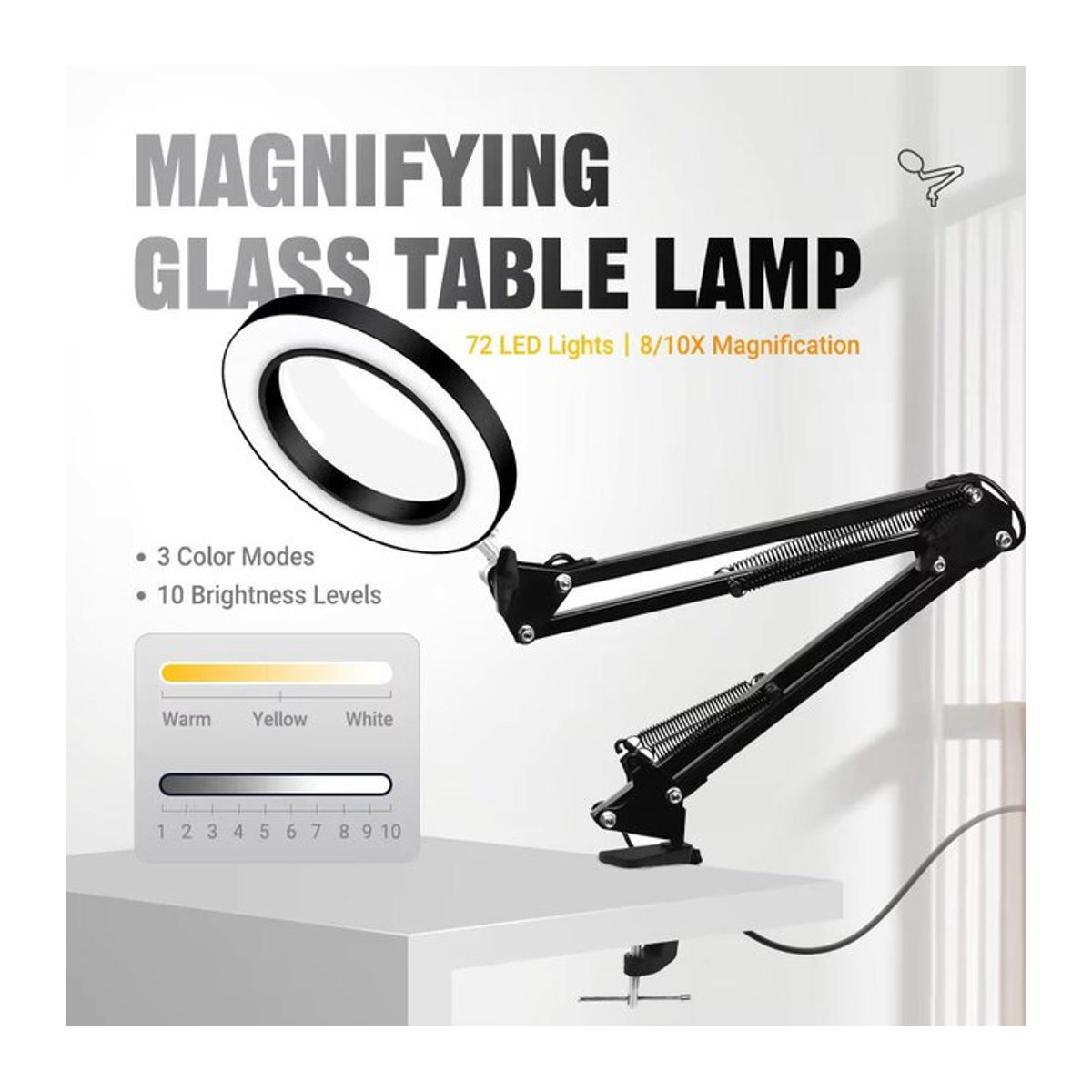 Moderne USB-Schreibtischlampe mit 72 LED und Glaslupe in Schwarz für Elektronikreparatur und Präzisions-Schönheitspflege mit 8-facher und 10-facher Vergrößerung - Bild 1