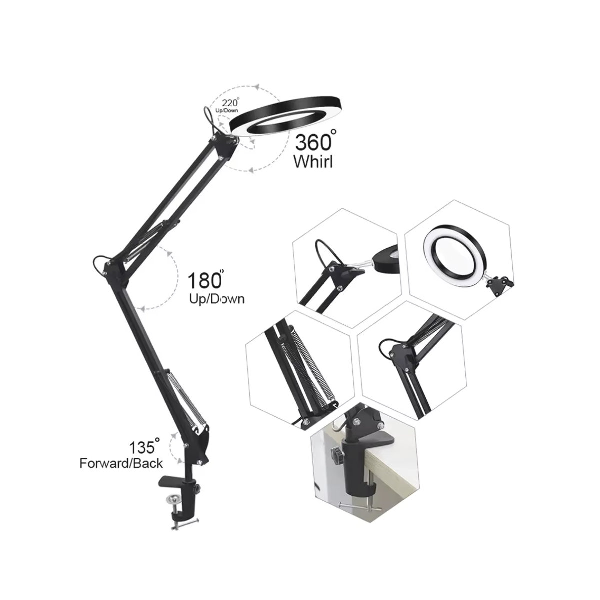 Moderne USB-Schreibtischlampe mit 72 LED und Glaslupe in Schwarz für Elektronikreparatur und Präzisions-Schönheitspflege mit 8-facher und 10-facher Vergrößerung - Bild 3