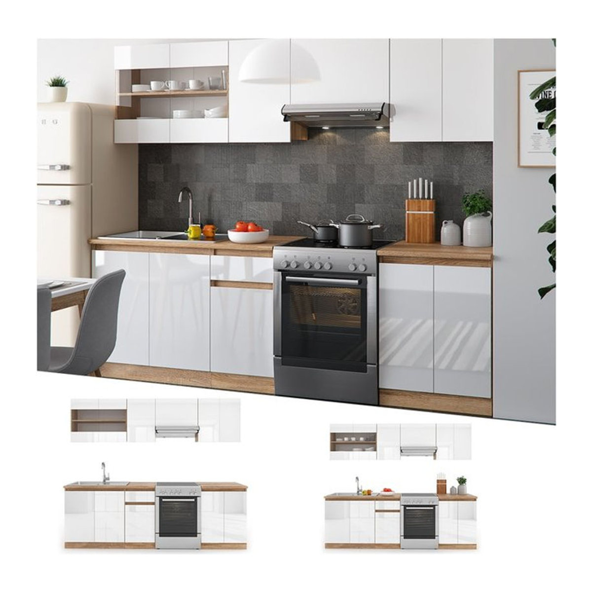 Moderne Vicco Küchenzeile in Weiß mit 7 Modulen und Drehtüren, Breite: 240 cm - Bild 1