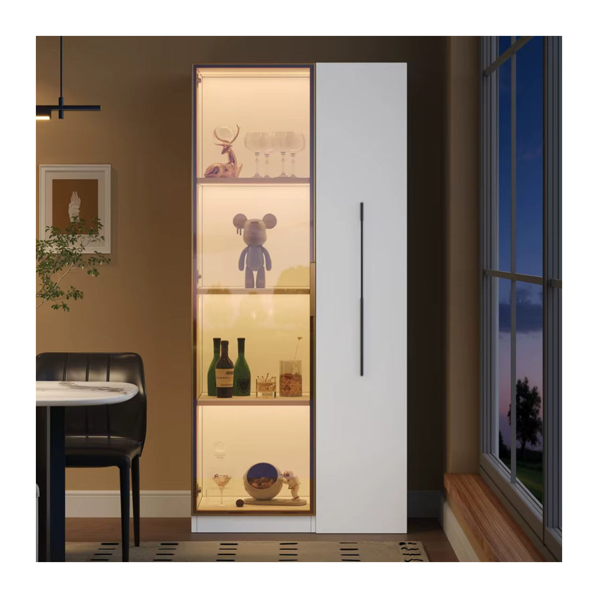 Moderne Vitrine in Weiß mit Glastüren, LED-Beleuchtung und Schubladen als Bücherregal oder Weinschrank, B/T/H: 70 x 40 x 160 cm - Bild 2
