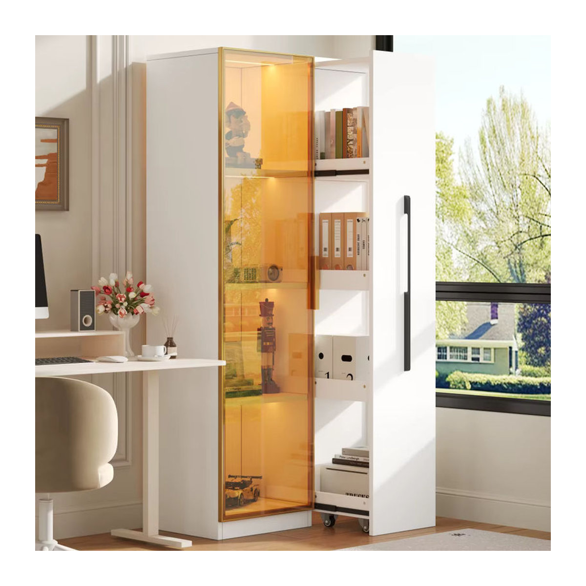 Moderne Vitrine in Weiß mit Glastüren, LED-Beleuchtung und Schubladen als Bücherregal oder Weinschrank, B/T/H: 70 x 40 x 160 cm - Bild 3
