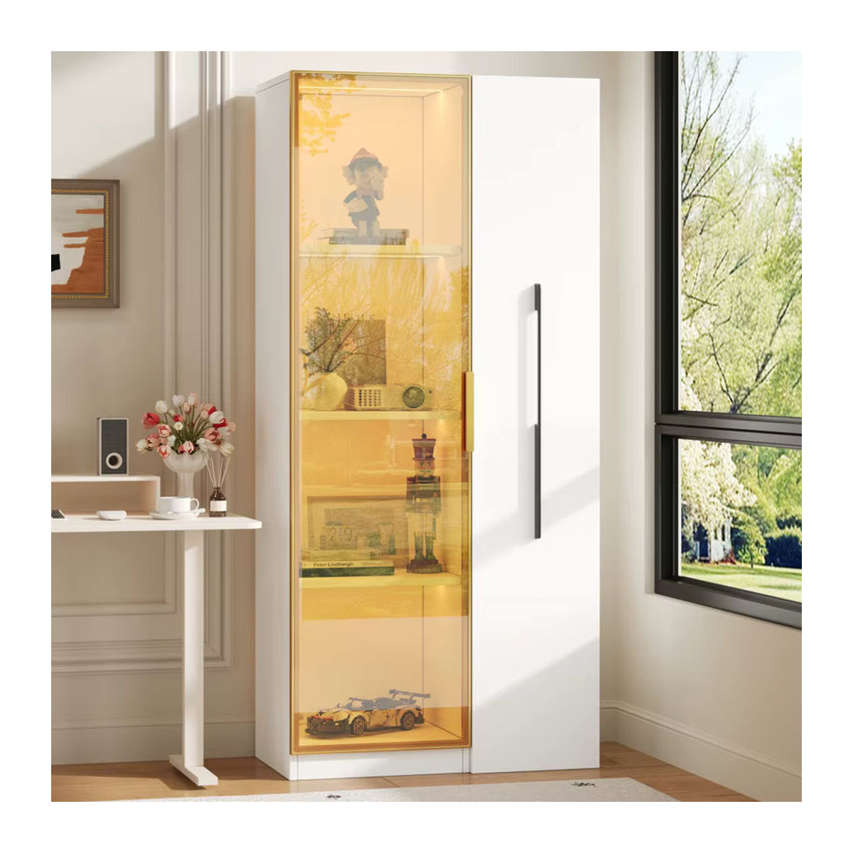 Moderne Vitrine in Weiß mit Glastüren, LED-Beleuchtung und Schubladen als Bücherregal oder Weinschrank, B/T/H: 70 x 40 x 160 cm - Bild 4