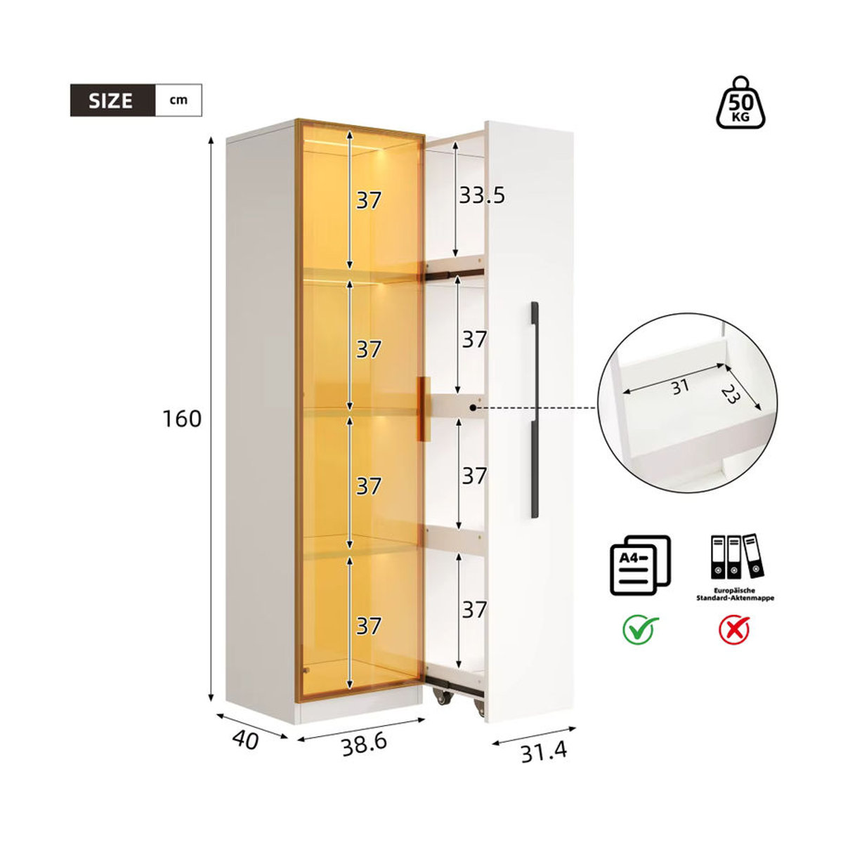 Moderne Vitrine in Weiß mit Glastüren, LED-Beleuchtung und Schubladen als Bücherregal oder Weinschrank, B/T/H: 70 x 40 x 160 cm - Bild 5