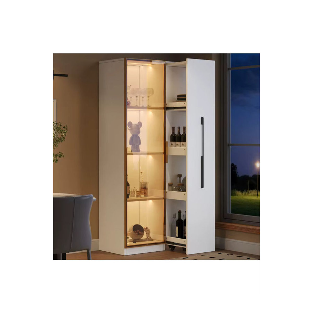 Moderne Vitrine in Weiß mit Glastüren, LED-Beleuchtung und Schubladen als Bücherregal oder Weinschrank, B/T/H: 70 x 40 x 160 cm - Bild 6