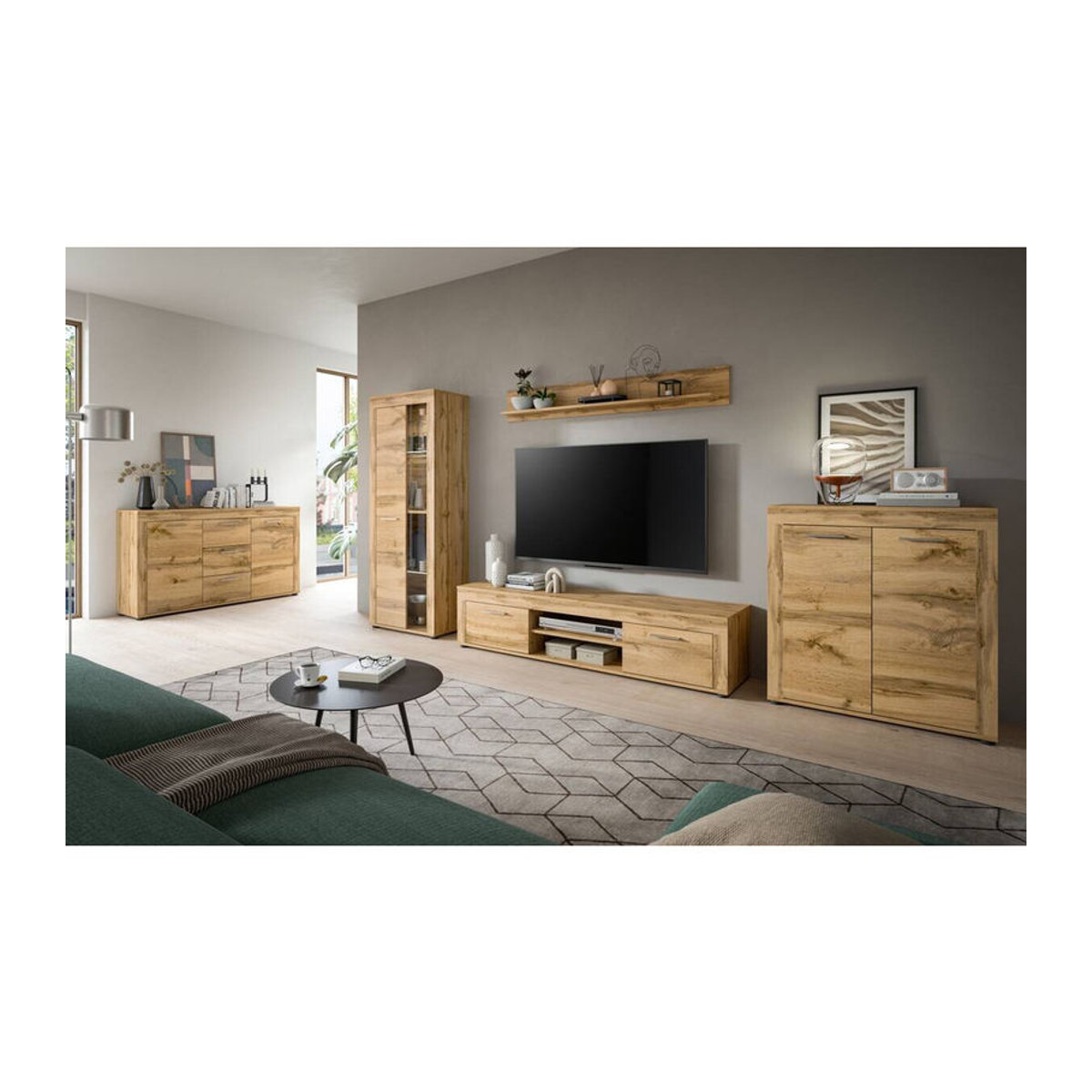 Moderne Wohnwand Jam von xonox.home in Eiche Natur mit Glas, B/H/T: 310 x 159 x 35 cm - Bild 2