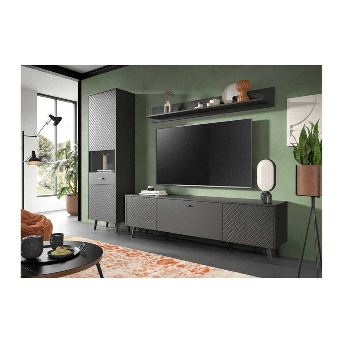 Moderne Wohnwand LINEA von xonox.home in Grau und Schwarz aus Holzwerkstoff B/H/T: 258 x 195 x 40 cm - Bild 3