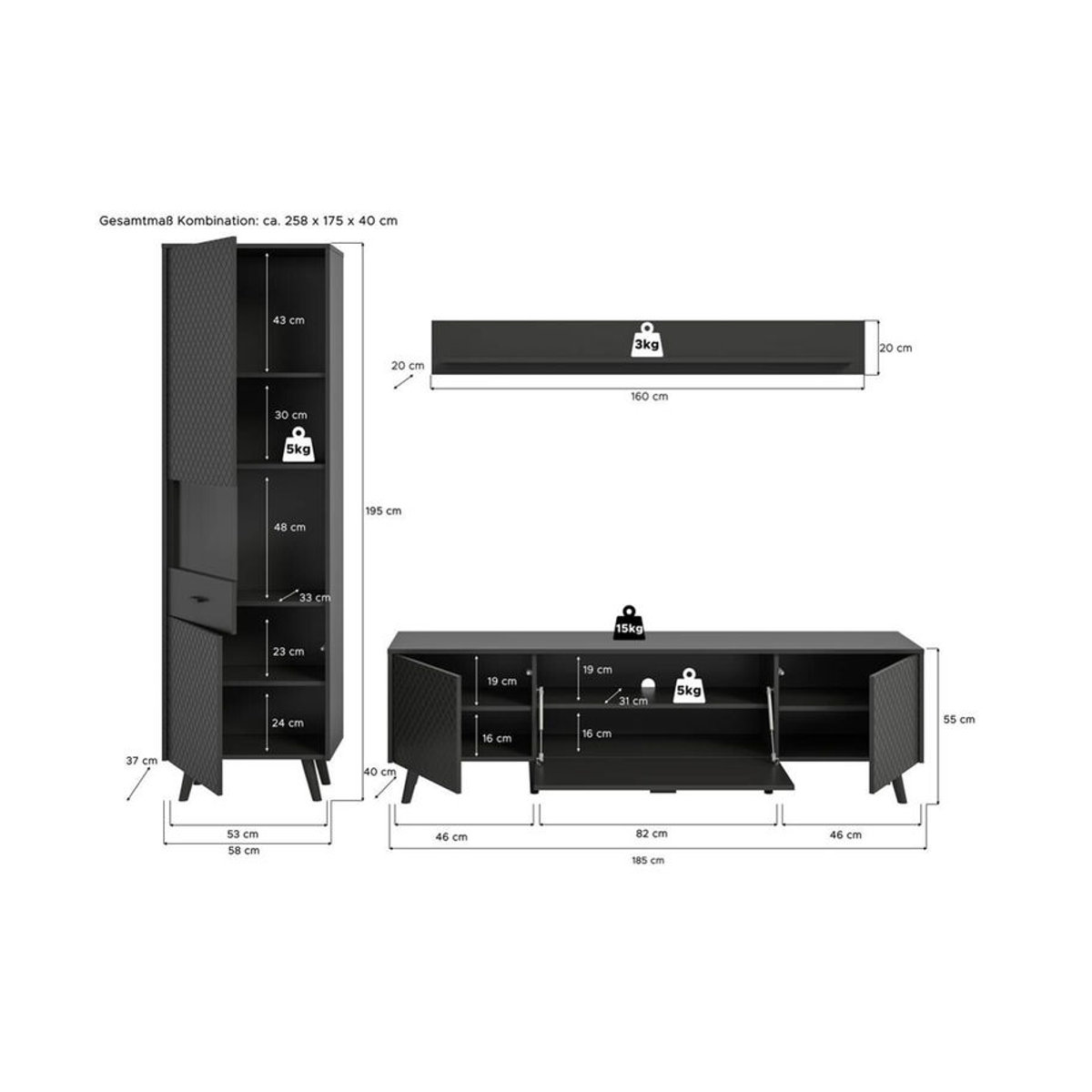 Moderne Wohnwand LINEA von xonox.home in Grau und Schwarz aus Holzwerkstoff B/H/T: 258 x 195 x 40 cm - Bild 4