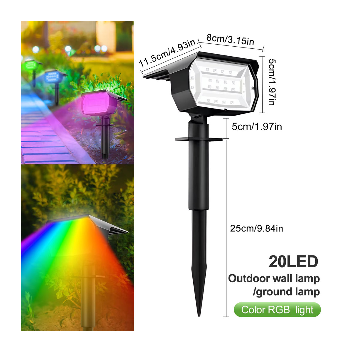 Moderner 2-in-1 Solar Außenstrahler mit 20 RGB LEDs in Schwarz für Garten und Terrasse - Bild 7