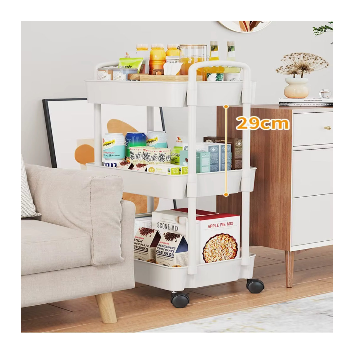 Moderner 3-stufiger Rollwagen aus Kunststoff in Weiß als bewegliches Lückenregal für Küche, Bad oder Wohnzimmer - Bild 3