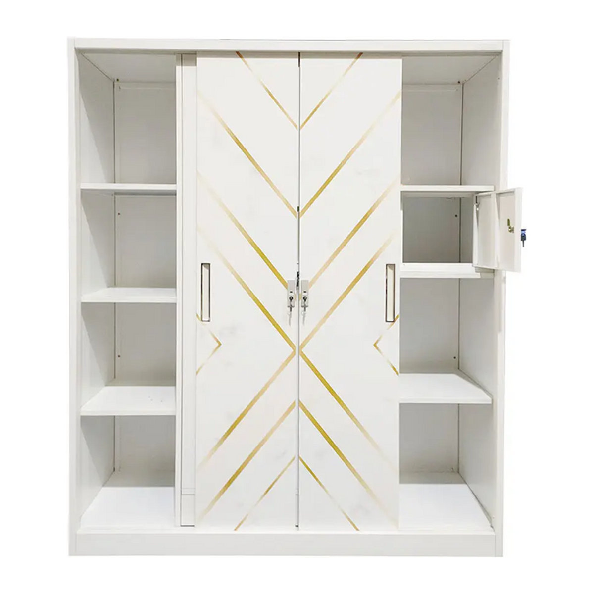 Moderner 3-türiger Metall-Spindschrank mit Schwebetüren aus Stahl in Anthrazit oder Weiß mit Art-Deco-Design und Schloss - Bild 1