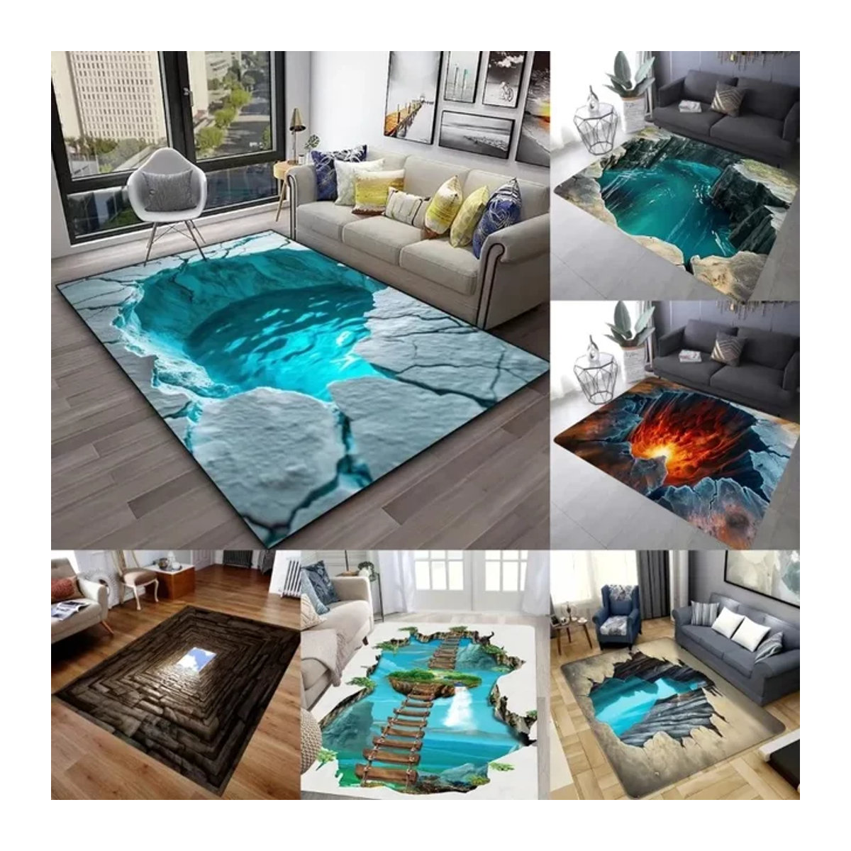 Moderner 3D Wüstenriss Teppich mit Wasser- und Feuer-Design, rutschfest und maschinenwaschbar, mehrfarbig - Bild 1
