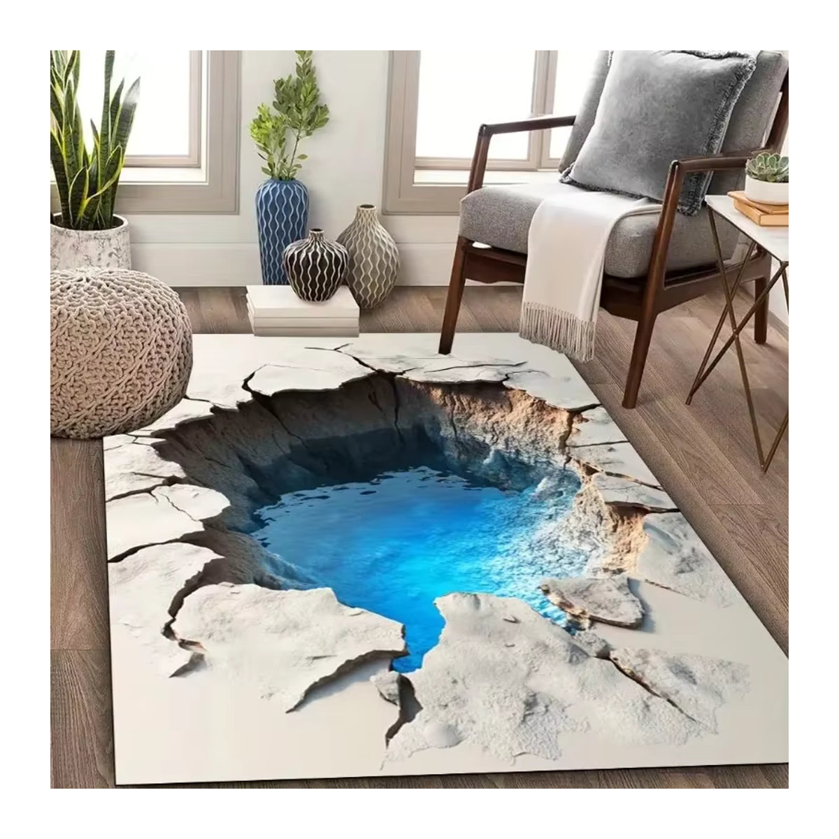 Moderner 3D Wüstenriss Teppich mit Wasser- und Feuer-Design, rutschfest und maschinenwaschbar, mehrfarbig - Bild 2