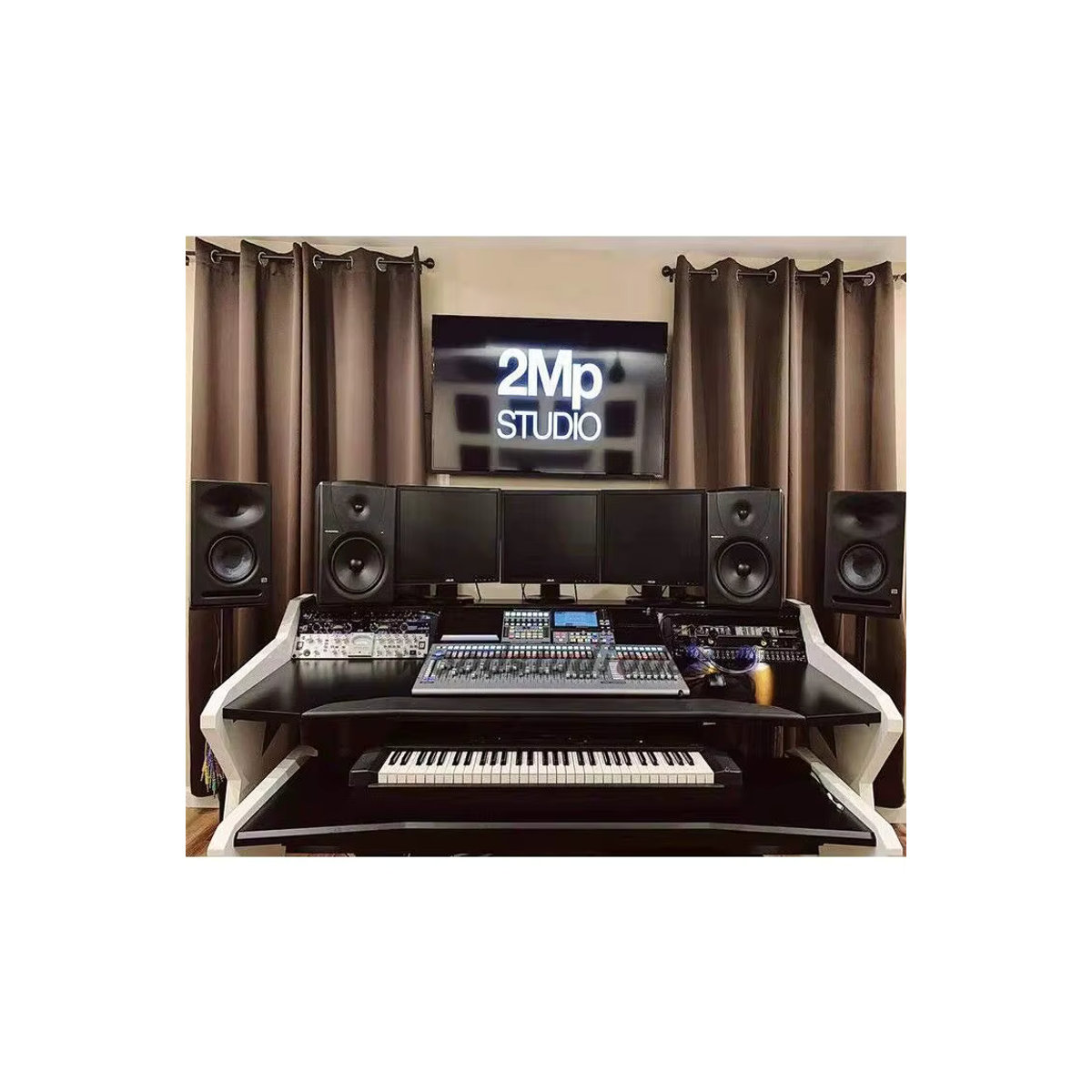 Moderner Anordnungstisch in Schwarz als Musikwerkbank für Aufnahmestudios und die Herstellung von Audio-Equipment oder Klaviertischen - Bild 3