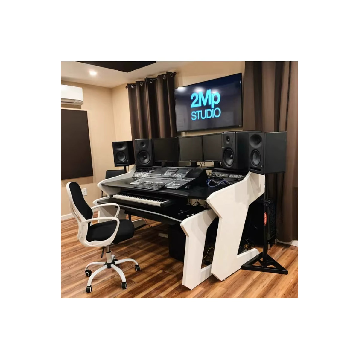 Moderner Anordnungstisch in Schwarz als Musikwerkbank für Aufnahmestudios und die Herstellung von Audio-Equipment oder Klaviertischen - Bild 4