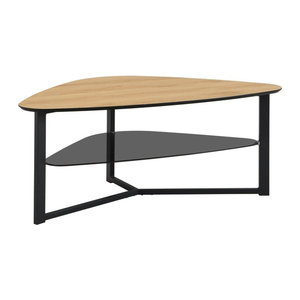 Moderner Couchtisch in Eiche Natur und Schwarz im skandinavischen Industrial Design mit organischen Formen aus Glas, Metall und Holzwerkstoff