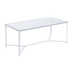 Moderner Couchtisch in Weiß im Industrial Design mit Glasplatte und Metallgestell, rechteckig