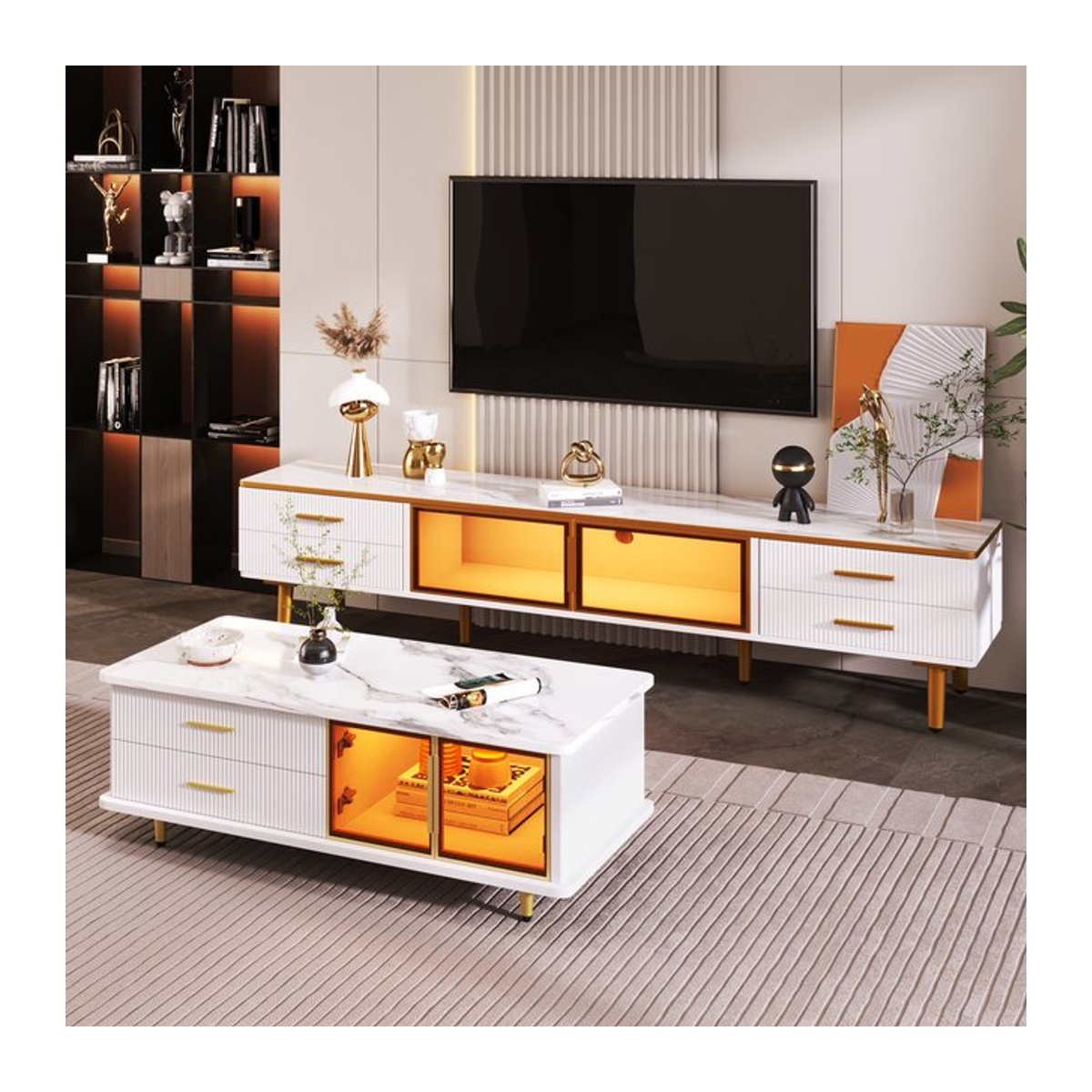 Moderner Couchtisch und TV-Schrank in Weiß und Marmoroptik mit Türen aus gehärtetem Glas und goldenen Griffen - Bild 1
