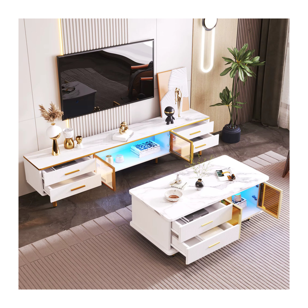 Moderner Couchtisch und TV-Schrank in Weiß und Marmoroptik mit Türen aus gehärtetem Glas und goldenen Griffen - Bild 2