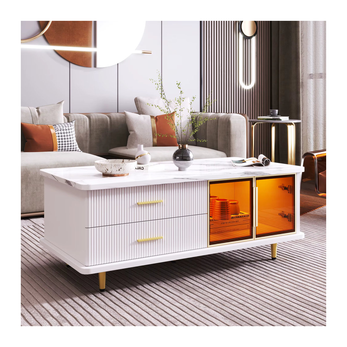Moderner Couchtisch und TV-Schrank in Weiß und Marmoroptik mit Türen aus gehärtetem Glas und goldenen Griffen - Bild 3