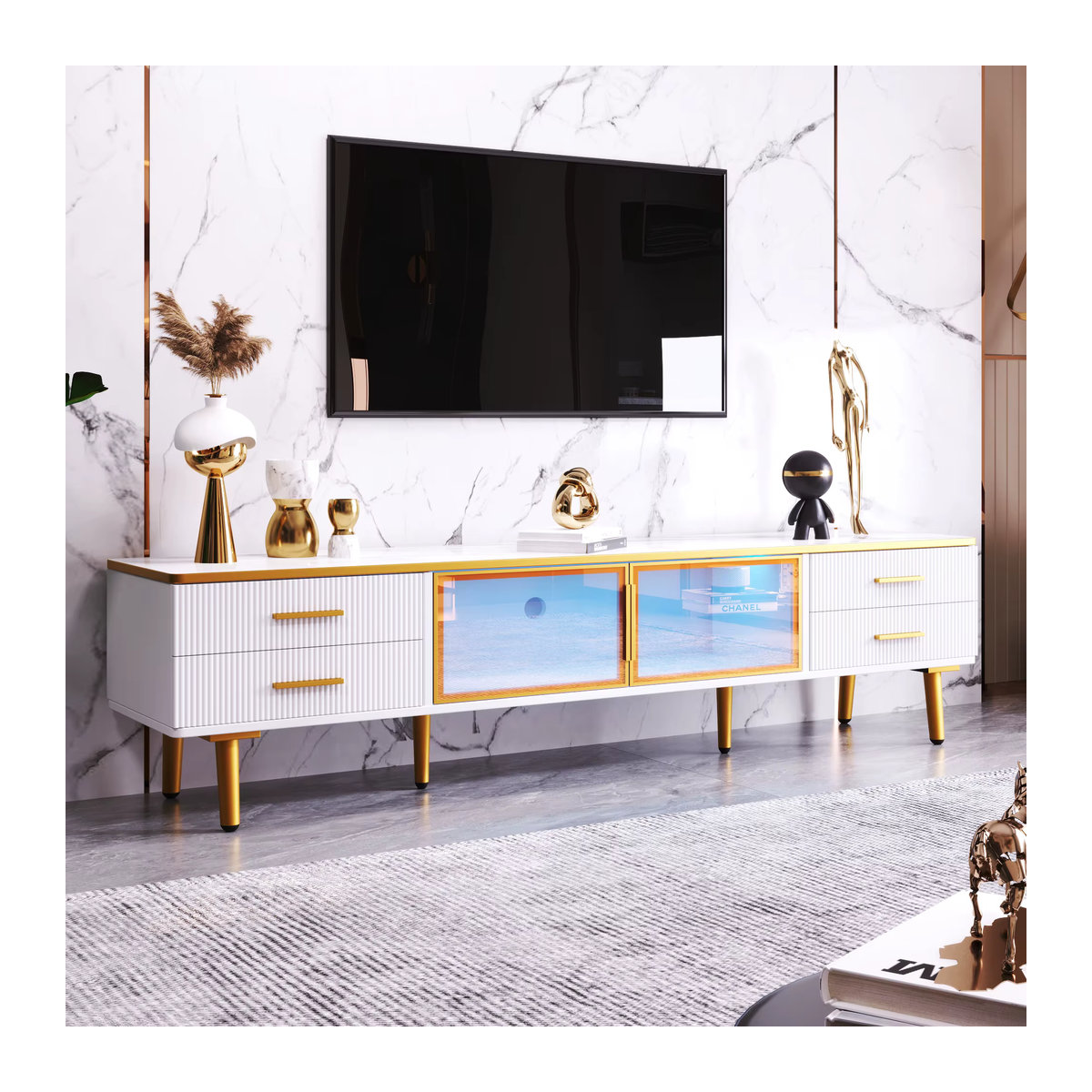 Moderner Couchtisch und TV-Schrank in Weiß und Marmoroptik mit Türen aus gehärtetem Glas und goldenen Griffen - Bild 4