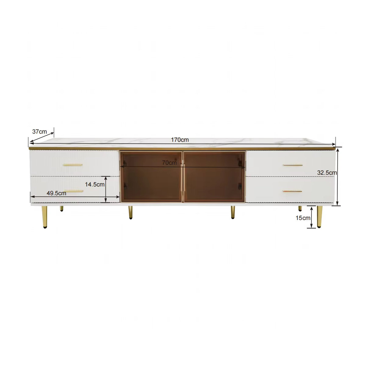 Moderner Couchtisch und TV-Schrank in Weiß und Marmoroptik mit Türen aus gehärtetem Glas und goldenen Griffen - Bild 5