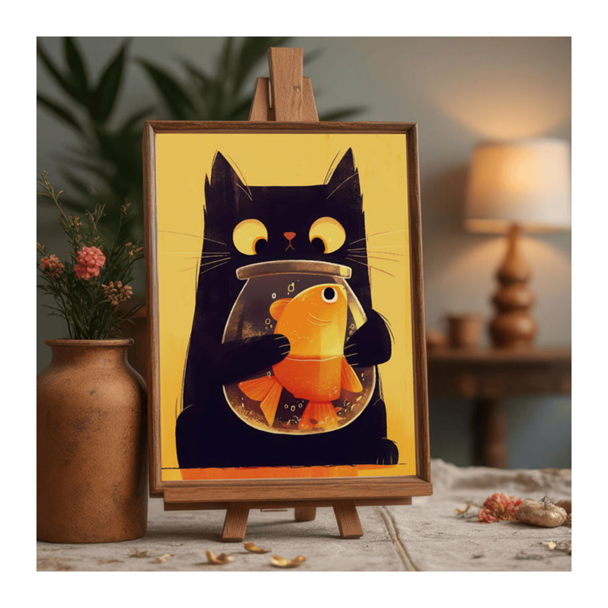 Moderner Digitaldruck einer verspielten Augenkatze mit Fischschale als mehrfarbige Wandkunst auf Papier für deine Dekoration - Bild 1
