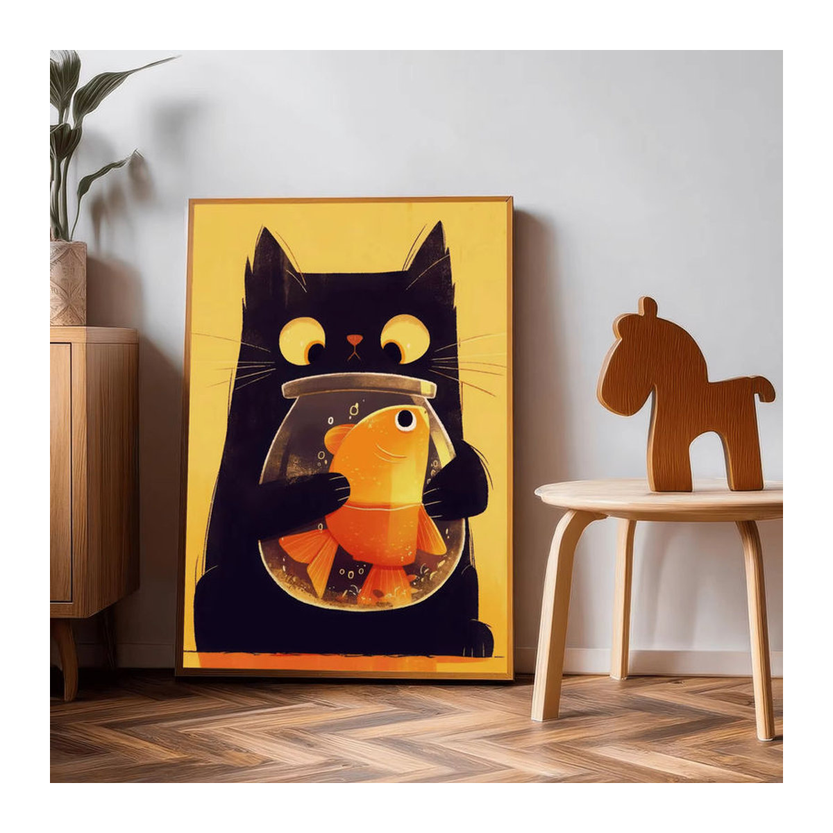 Moderner Digitaldruck einer verspielten Augenkatze mit Fischschale als mehrfarbige Wandkunst auf Papier für deine Dekoration - Bild 2
