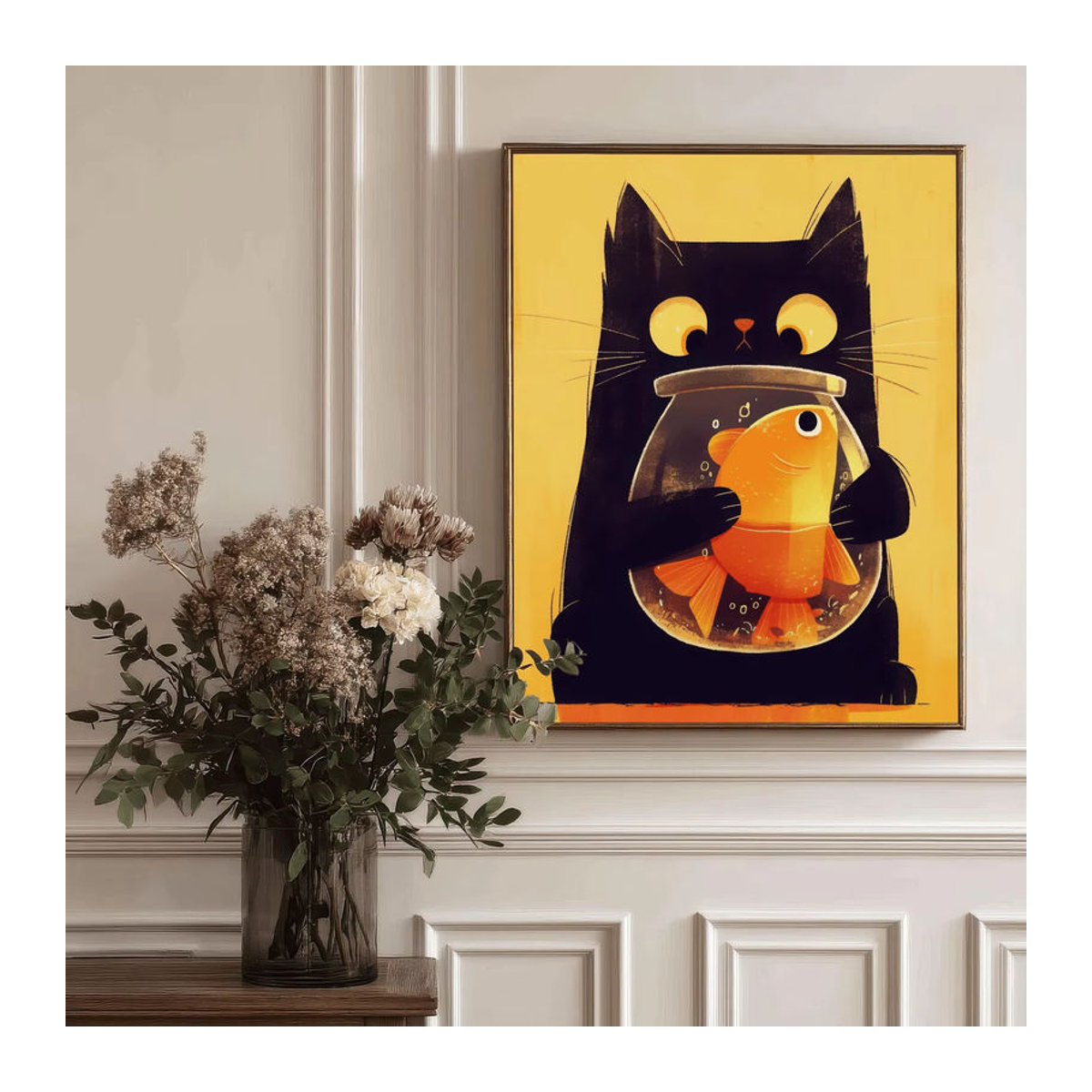 Moderner Digitaldruck einer verspielten Augenkatze mit Fischschale als mehrfarbige Wandkunst auf Papier für deine Dekoration - Bild 3