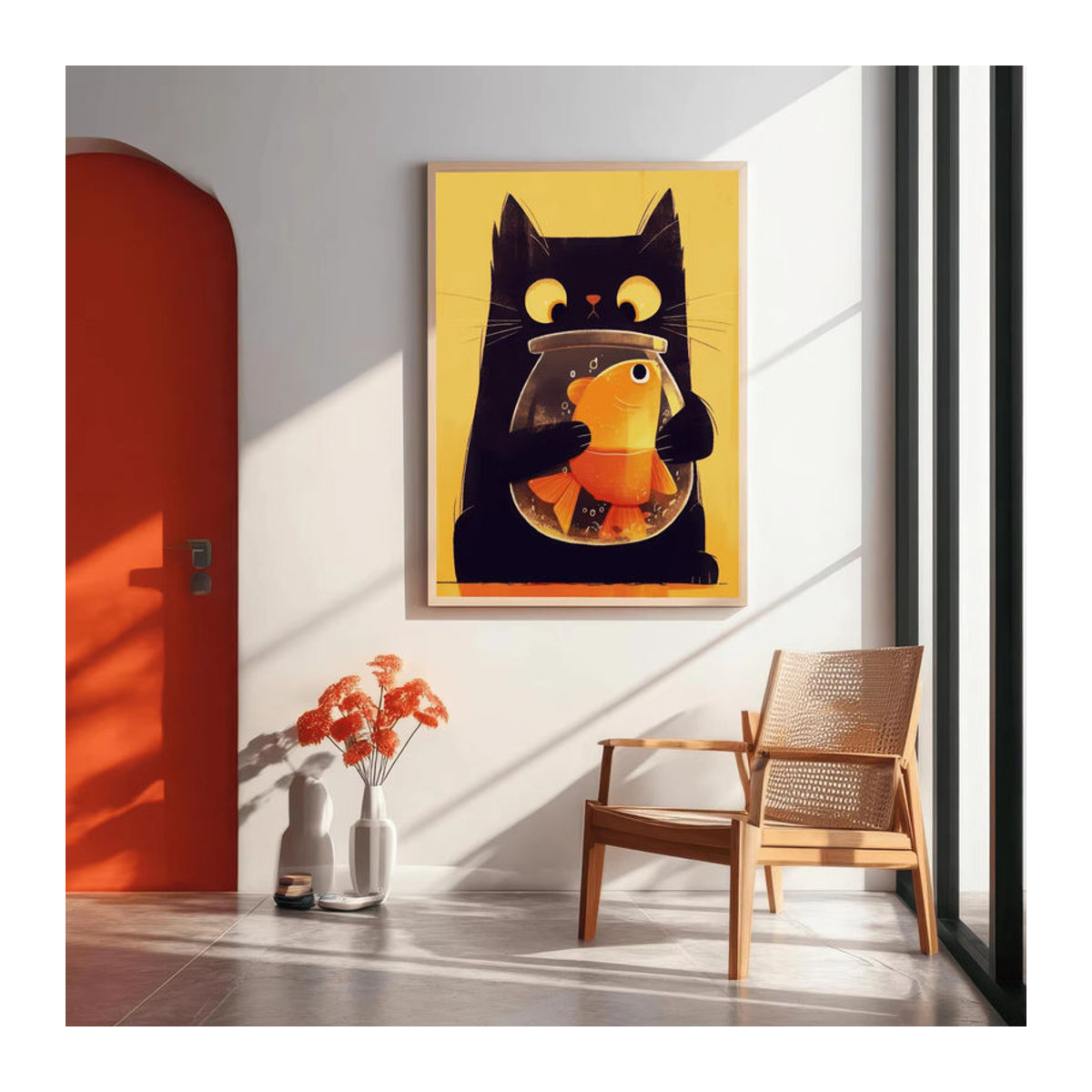 Moderner Digitaldruck einer verspielten Augenkatze mit Fischschale als mehrfarbige Wandkunst auf Papier für deine Dekoration - Bild 4