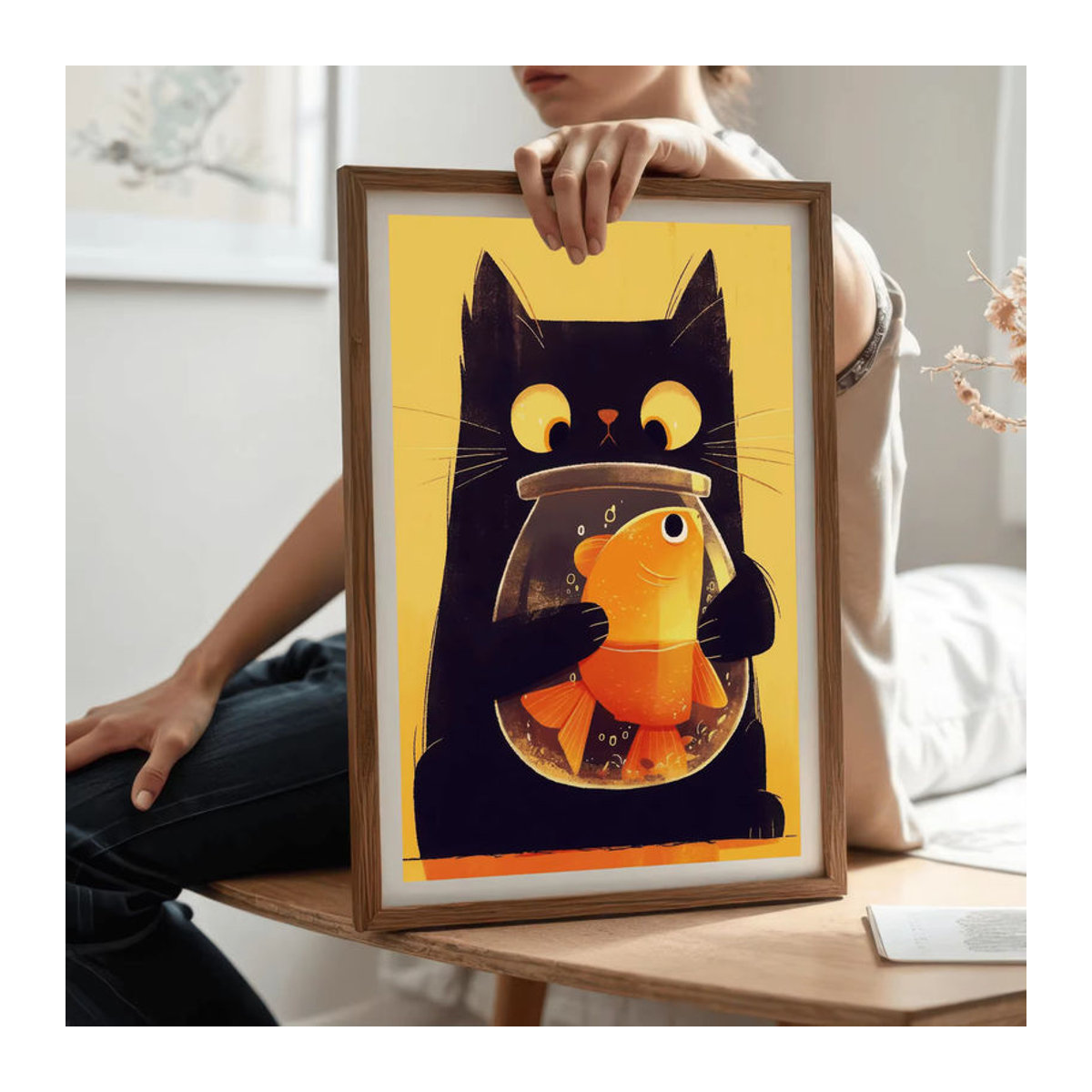 Moderner Digitaldruck einer verspielten Augenkatze mit Fischschale als mehrfarbige Wandkunst auf Papier für deine Dekoration - Bild 5