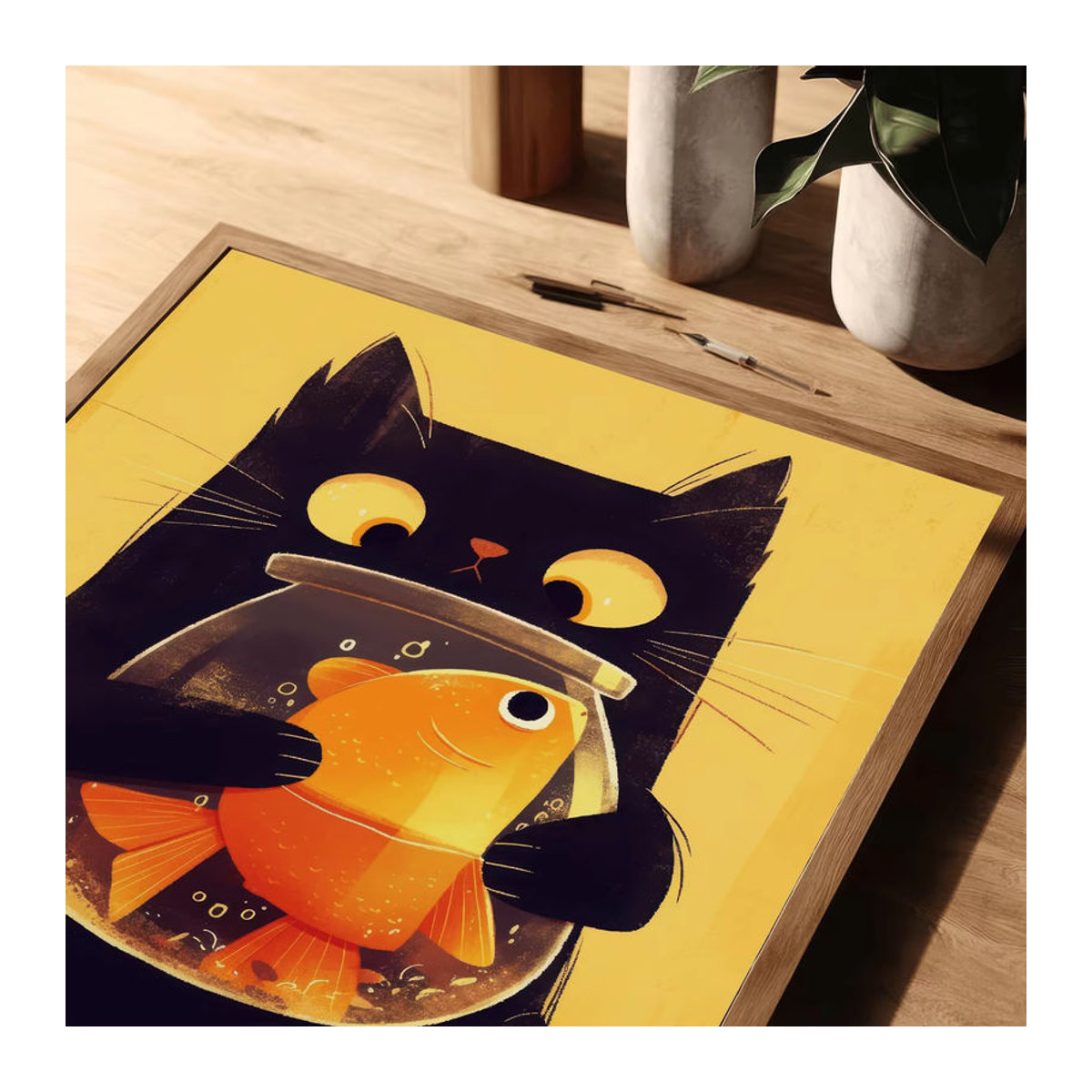 Moderner Digitaldruck einer verspielten Augenkatze mit Fischschale als mehrfarbige Wandkunst auf Papier für deine Dekoration - Bild 6