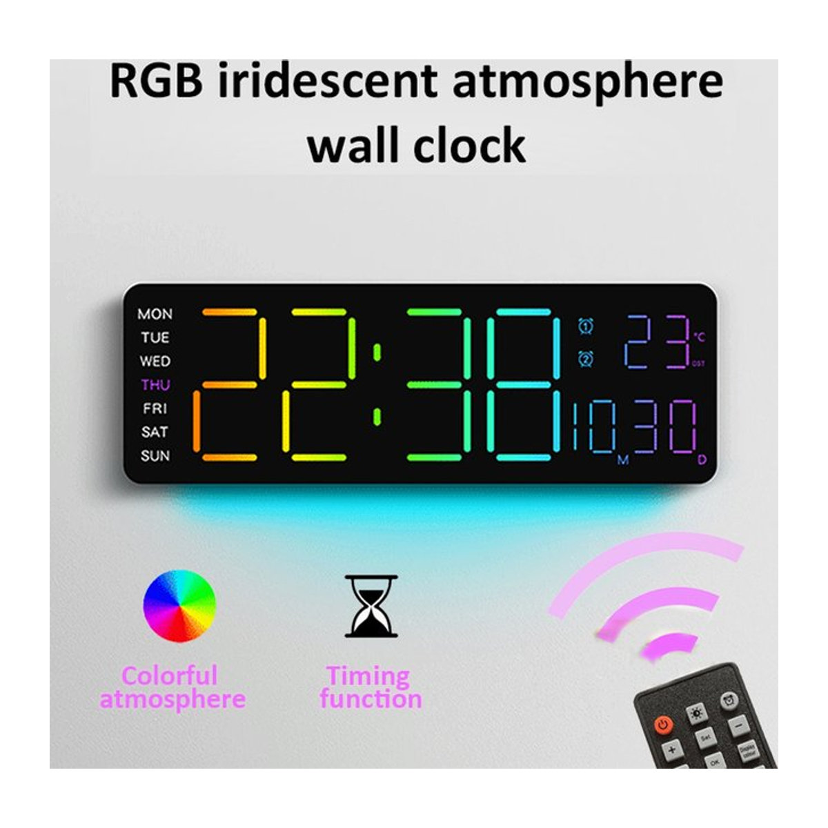 Moderner digitaler LED-Wecker mit RGB-Beleuchtung und Fernbedienung, 13 Zoll Wanduhr in Schwarz mit 11 Farben zur Raumdekoration - Bild 1