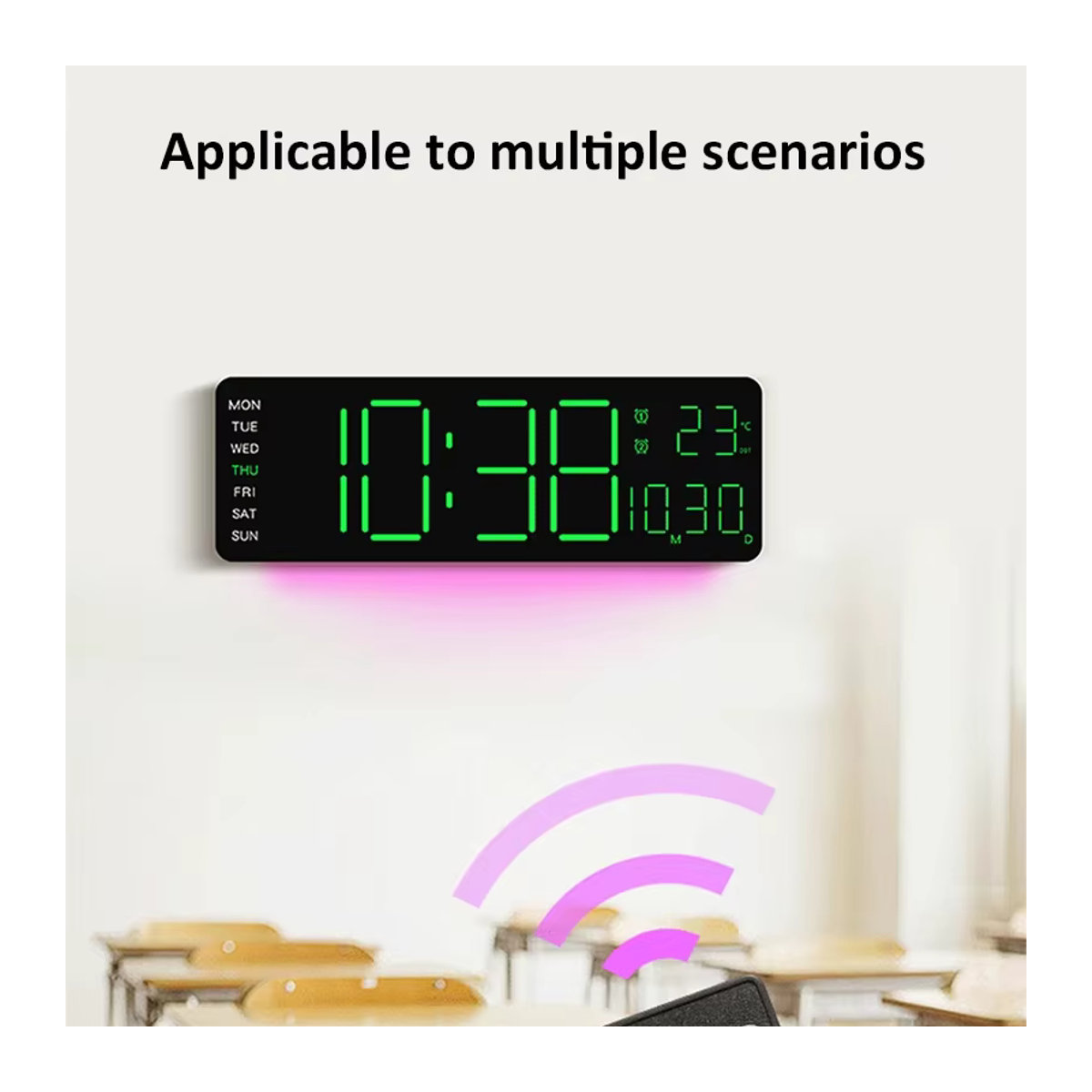 Moderner digitaler LED-Wecker mit RGB-Beleuchtung und Fernbedienung, 13 Zoll Wanduhr in Schwarz mit 11 Farben zur Raumdekoration - Bild 4