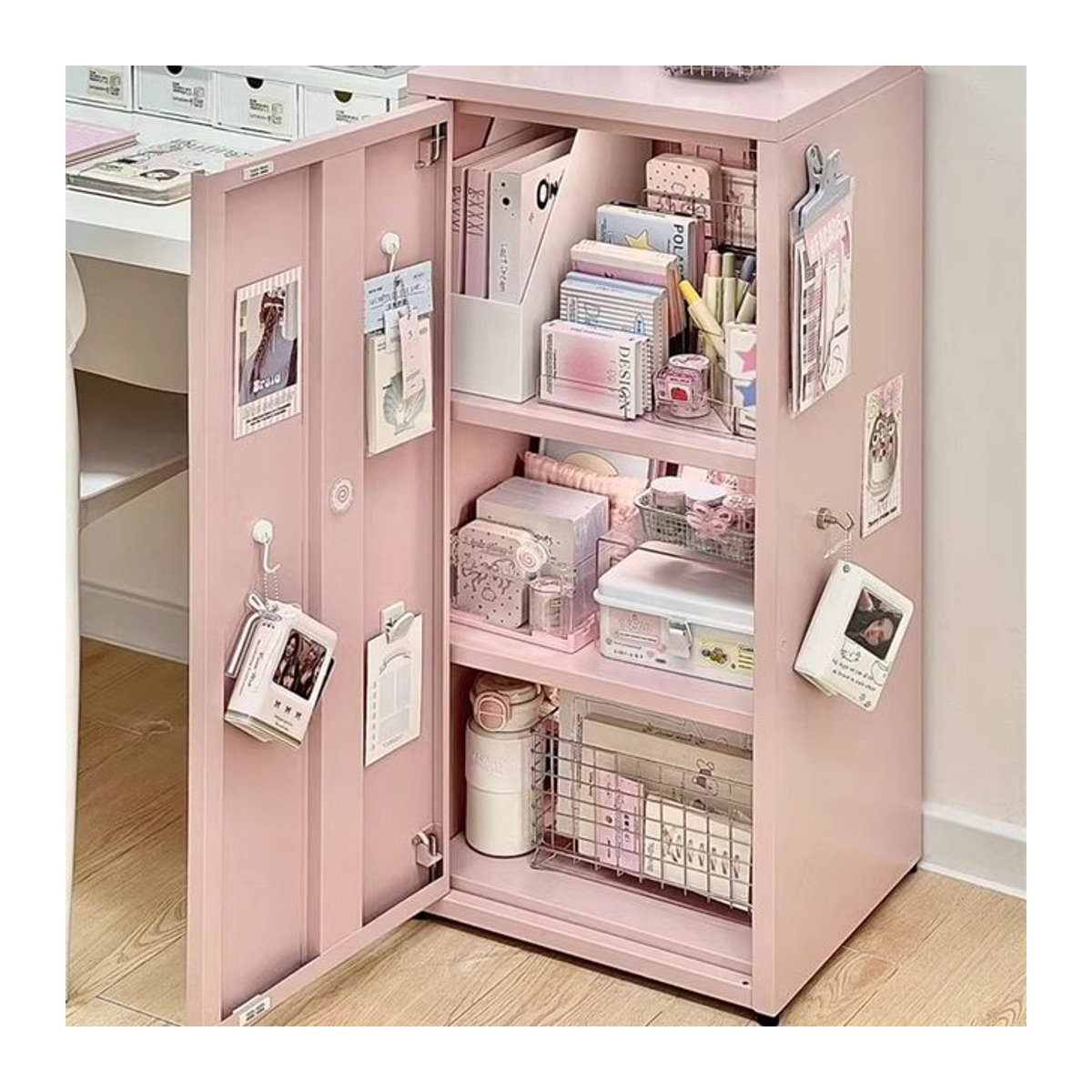 Moderner Dopamin-Schreibtisch mit seitlicher Schublade und Aufbewahrungsschrank in Rosa aus Metall und MDF - Bild 1