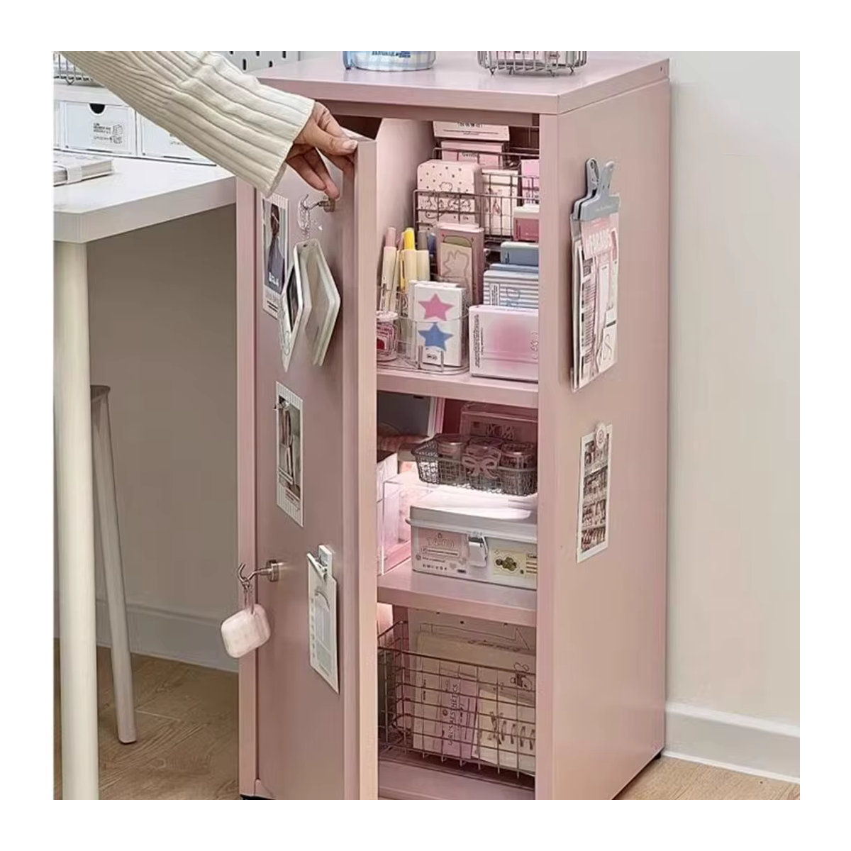 Moderner Dopamin-Schreibtisch mit seitlicher Schublade und Aufbewahrungsschrank in Rosa aus Metall und MDF - Bild 2