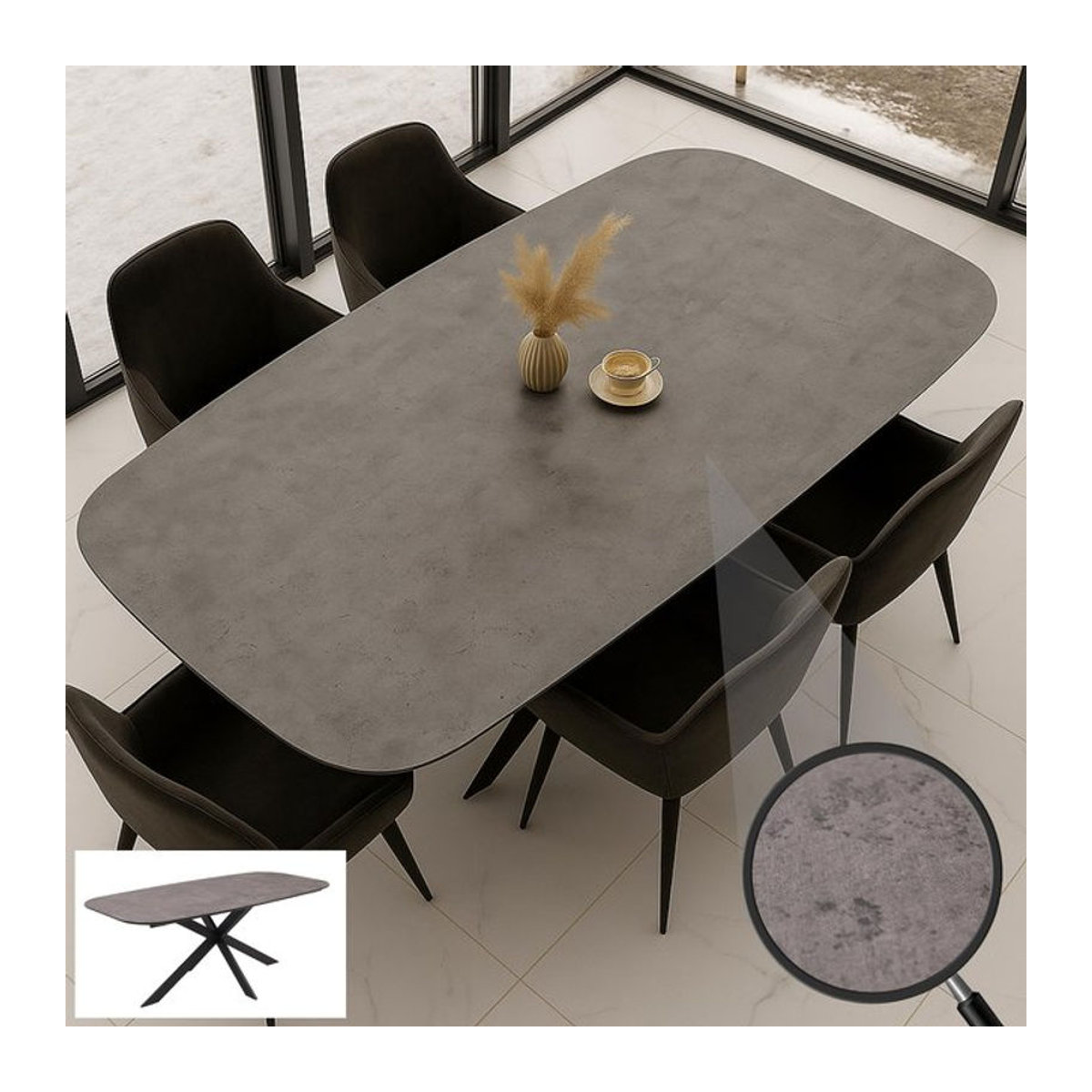 Moderner Esszimmertisch MCW-O56 in grauer Stein-Optik aus MDF und Metall, B/T: 200 x 100 cm - Bild 1