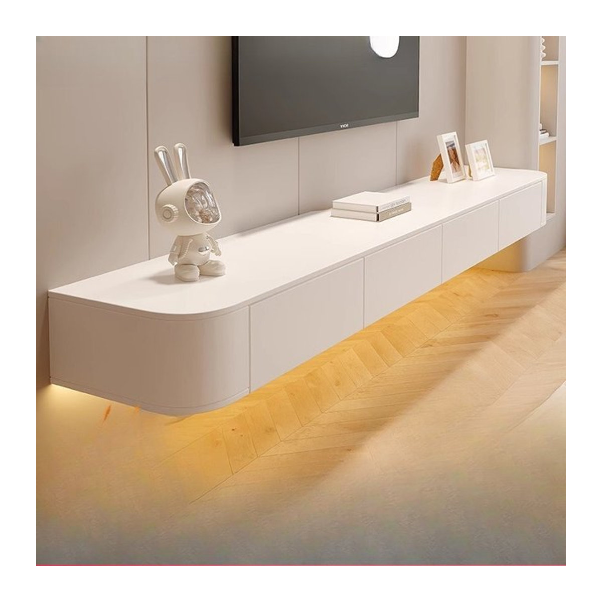 Moderner hängender TV-Schrank aus massivem Holz in Weiß und Creme mit Drehtüren - Bild 1